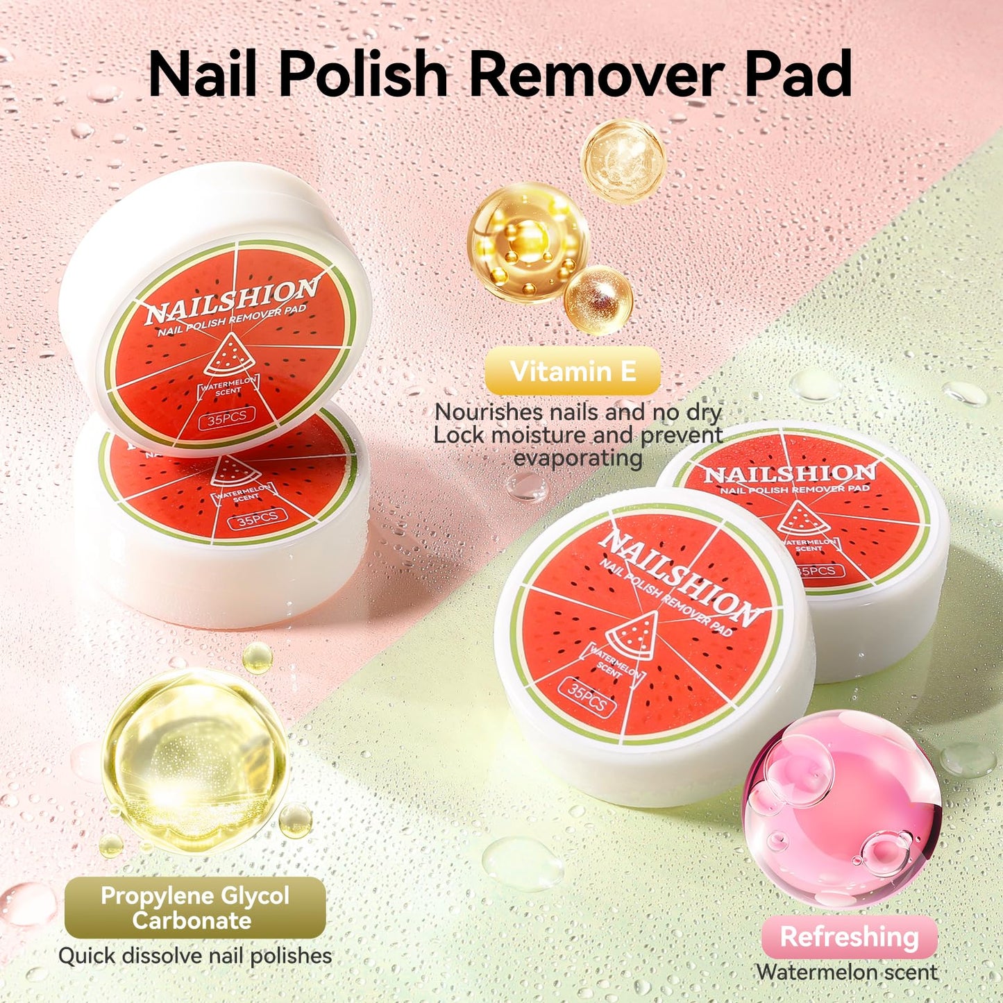 Nailshion Nail Polish Remover Pads, 140 Pcs Travel Fingernail Polishes Wipes in 4 Boxes, Non-Acetone | 3-5s Quick Removal | VE Moisturing, Lint-free Handy Wipes to Clean Polish, Watermelon Scent