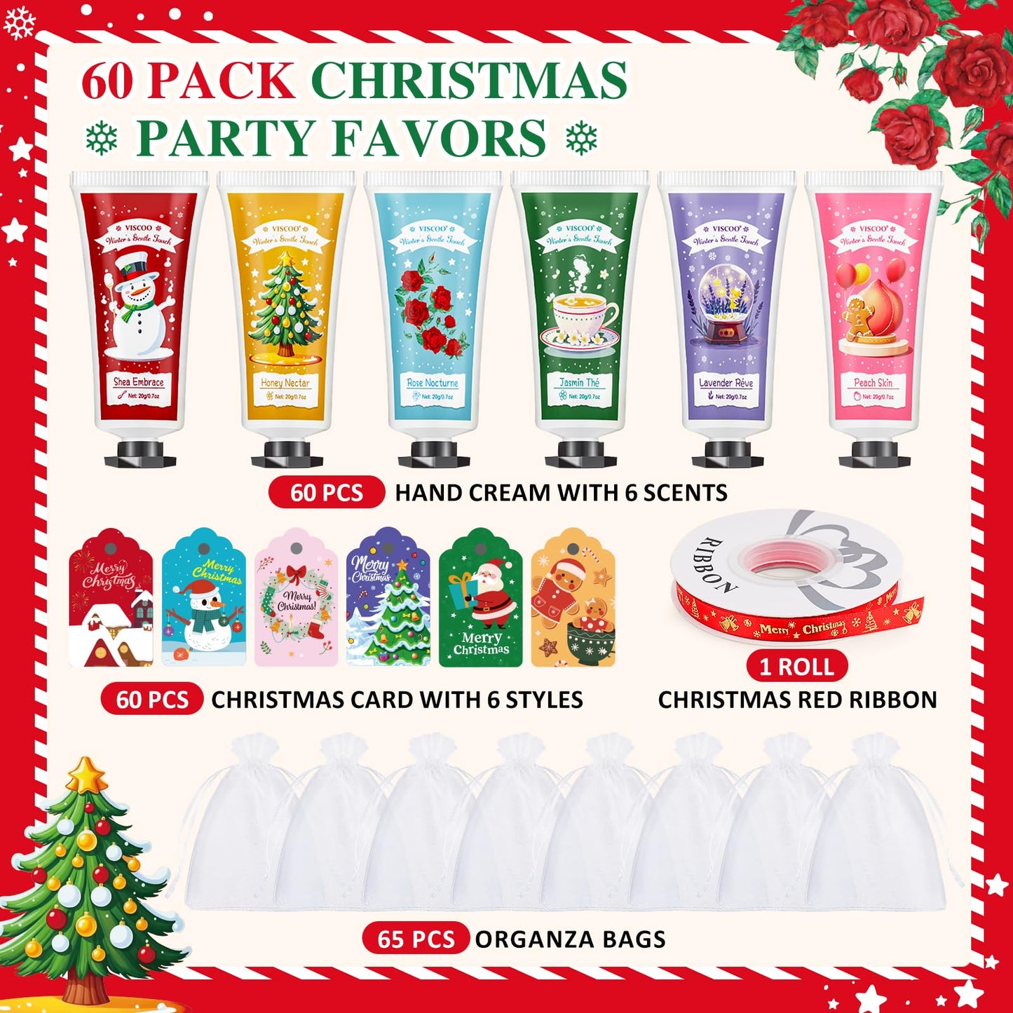 VISCOO 60 Sets Christmas Hand Cream Gift Set for Women, Hand Lotion In Bulk for Dry Cracked Hands Travel Size, Christmas Gifts with Cards and Organza Gift Bags, Stocking Stuffers for Women Teen Girls
