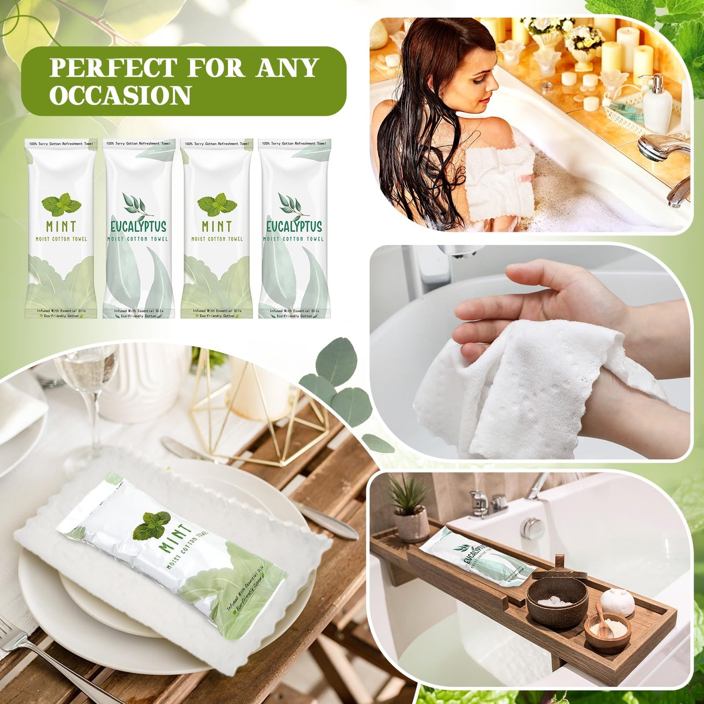 Timgle 50 Pcs Moist Towelettes Individually Wrapped Scented Disposable Face Towels Essential Oil Infused Moist Terry Cotton Towel for Use Hot or Cold Travel Body Spa(Mint, Eucalyptus Leaves)