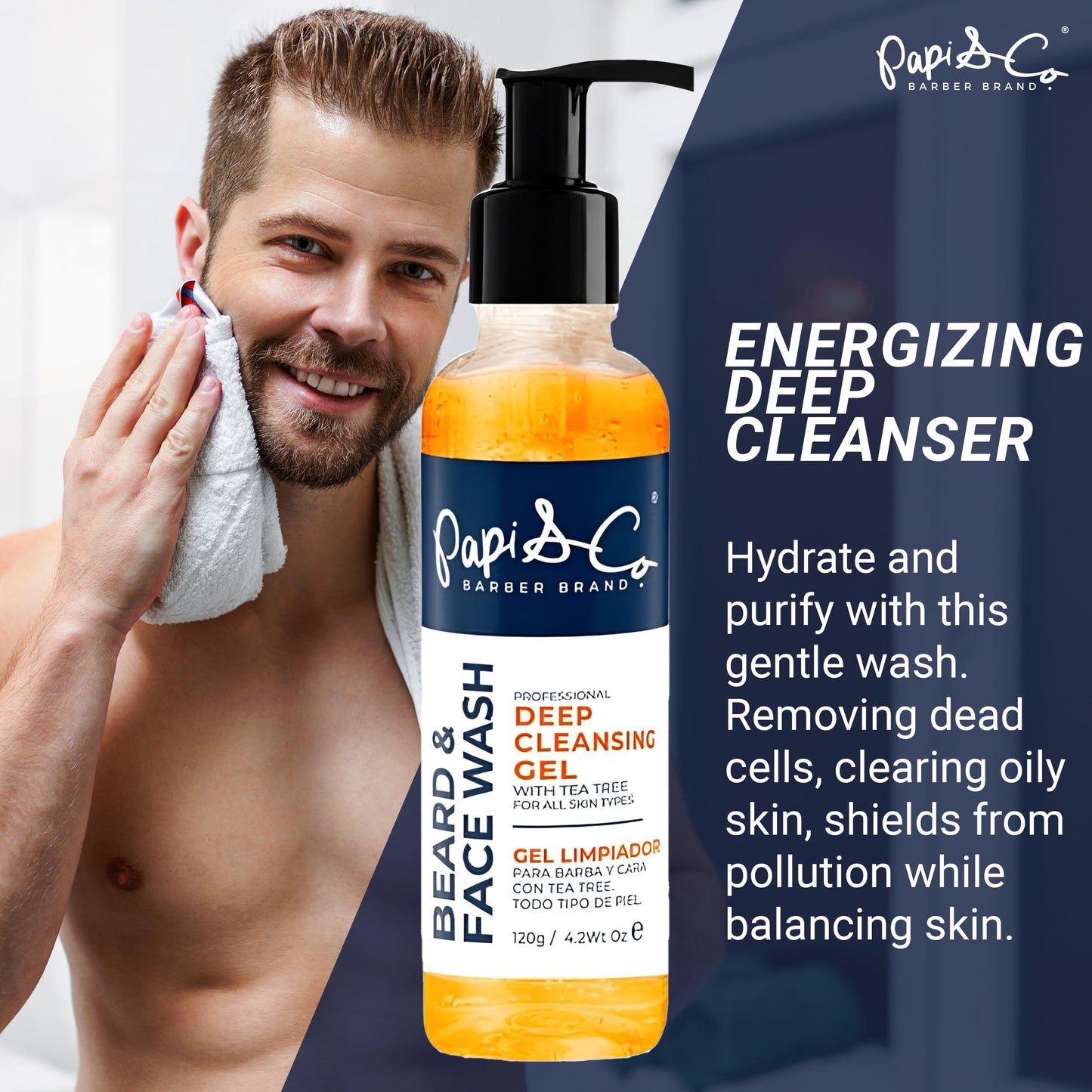 PAPI & CO. - Men's Beard & Face Wash - Deep Cleansing Gel Facial Cleanser - Hydrating Purifying Exfoliating Beard Wash - Moisturizing Conditioner for Itching Relief - Sulfate & Paraben- Free - 4.2 oz