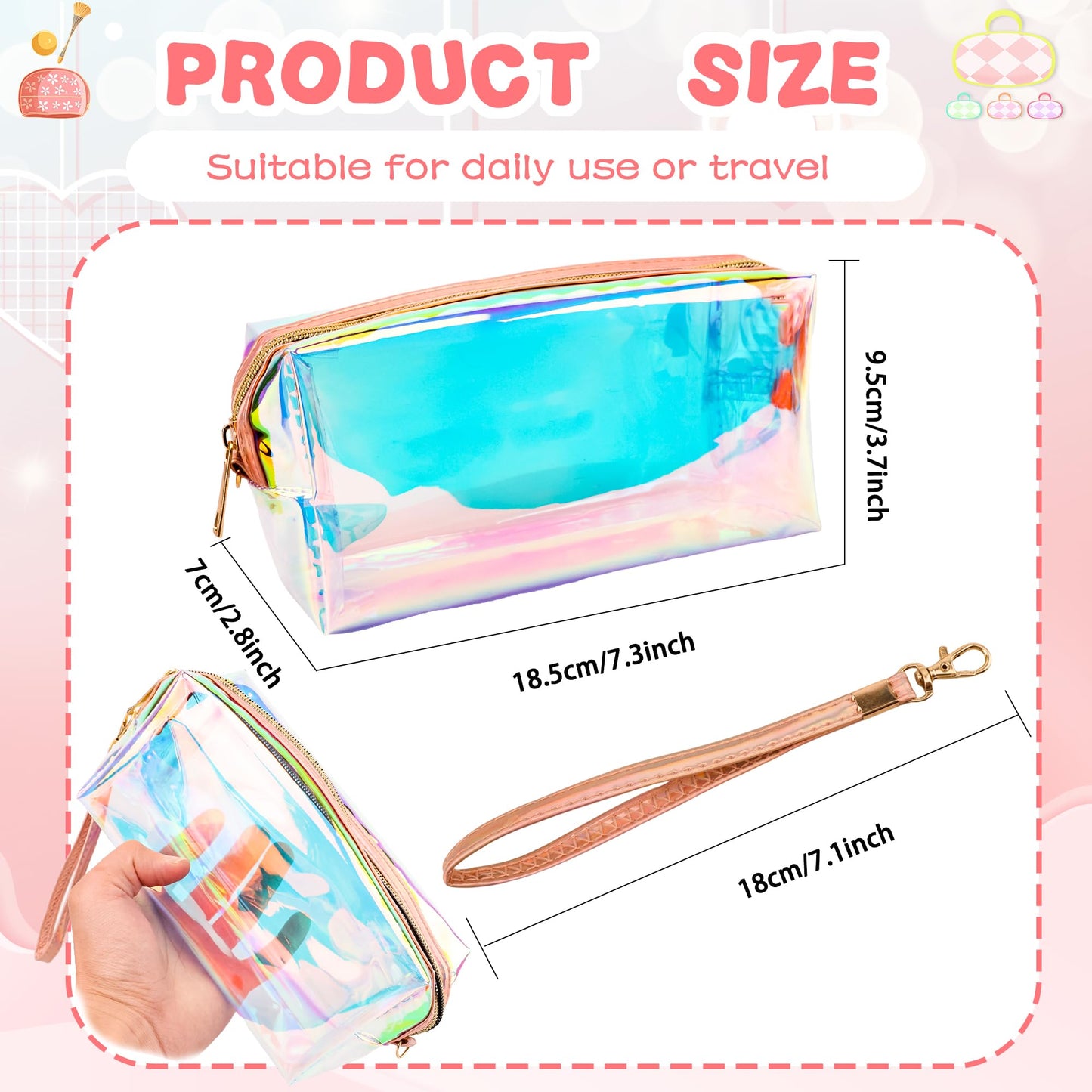 Conagel 10 Pcs Holographic Clear Makeup Bags Iridescent Cosmetic Bags Travel Cosmetic Bags with Zipper Wrist Loop Waterproof Toiletries Organizer for Home Office Wedding Bachelorette Use