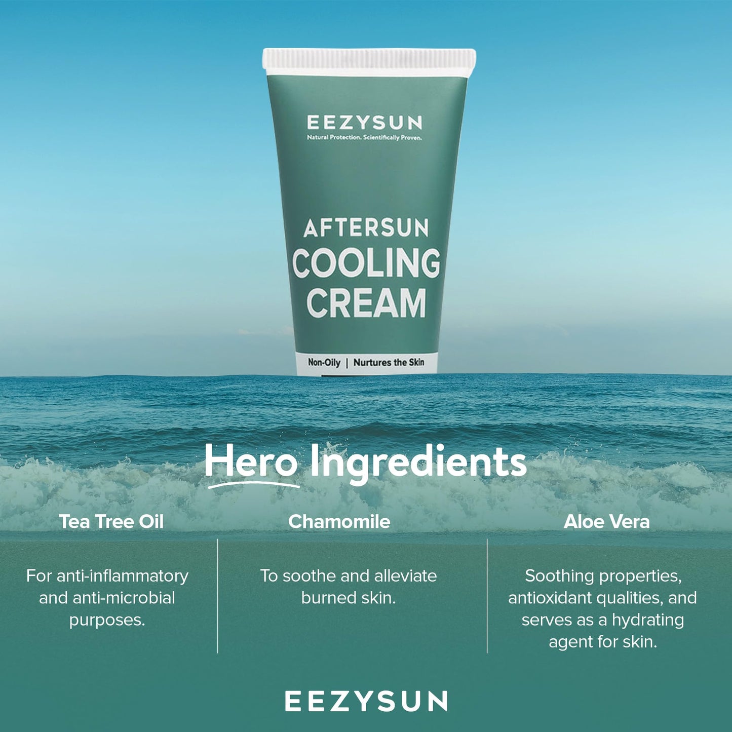 EEZYSUN AfterSun Cooling Cream - Vegan After Sun Lotion with Aloe Vera, Tea Tree Oil, Chamomile - Soothes, Hydrates Sunburn - Outdoor, Vacation, Beach Essentials, After Sun Skin Care - 3.3 fl oz