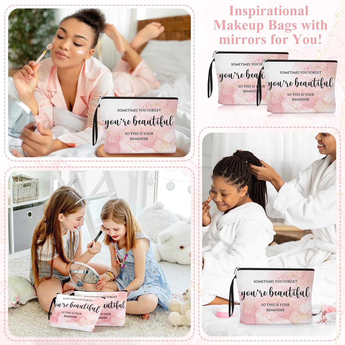 Beeveer 20 Sets Pink Inspirational Gift for Women, Appreciation Gift Bulk for End of Year Teacher, Sometimes You Forget You're Beautiful Makeup Bag and Compact Mirror for Mother Client Nurse Employee
