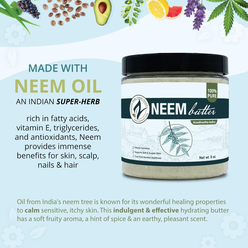 Zatural Organic Neem Butter-Coconut Oil, Neem Oil, Neem Leaf, Marula Oil, Kokum Butter, Rosemary, For Sensitive Skin, Itchy Skin, 2 Pack, 8 oz.