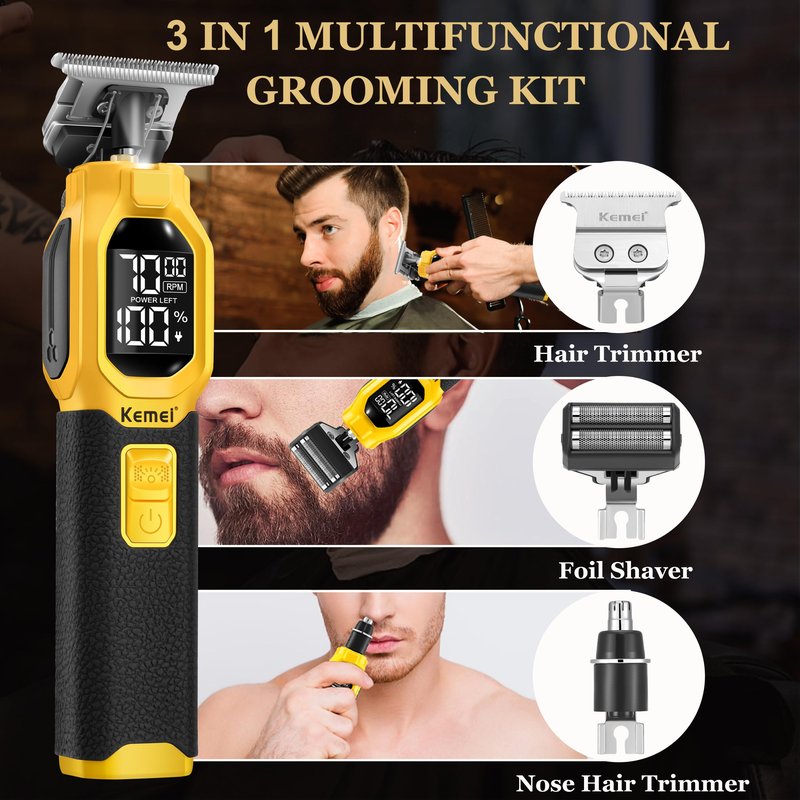 KEMEI 1878 Beard Trimmer for Men, 3 in 1 Hair Clippers, Shavers for Men, Cordless Nose Hair Trimmer with Removable Head, LED Display