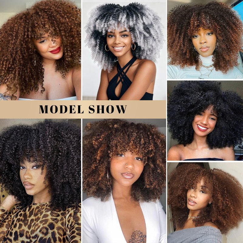 Looxey Afro Kinky Curly Wig, Black Women Short Bob Wigs with Bangs, Huge Fluffy Synthetic Fiber Full Wigs for Daily Party Use, 14 Inch Ombre Brown