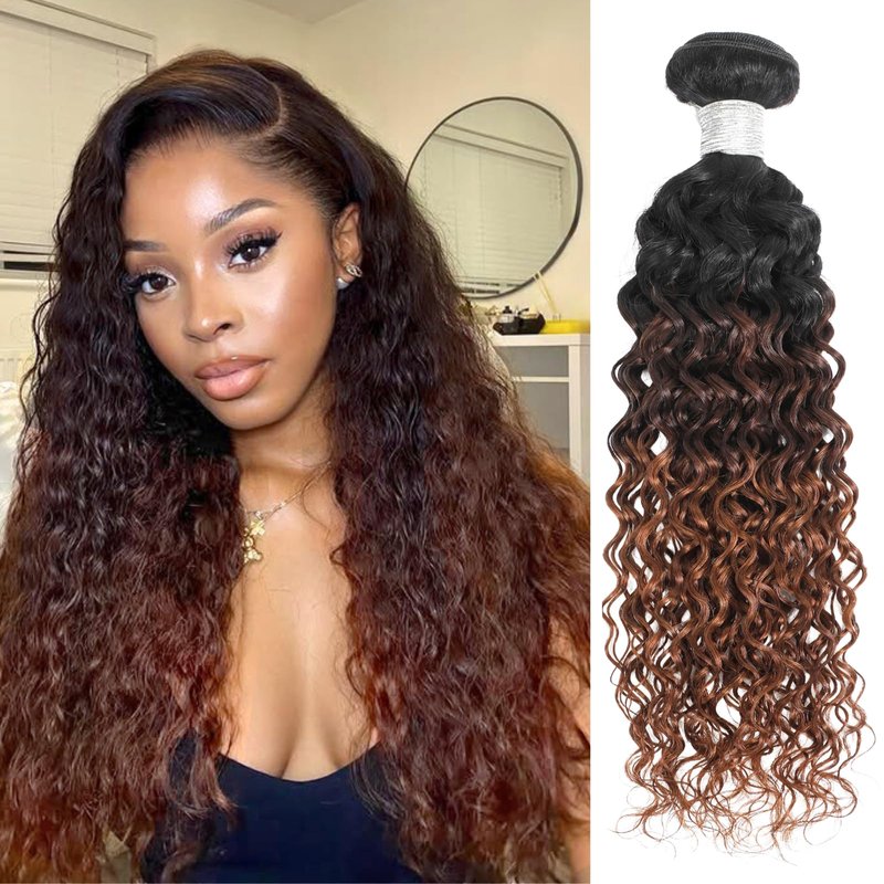 ALHER 12A Ombre Human Hair Bundles Water Wave, Soft Thick Chestnut Brown Ombre Single Curly Bundle Wet and Wavy 100% Virgin Remy Human Hair for Black Women #T1B/2/30 Dark Roots Auburn Sew In 14 Inch
