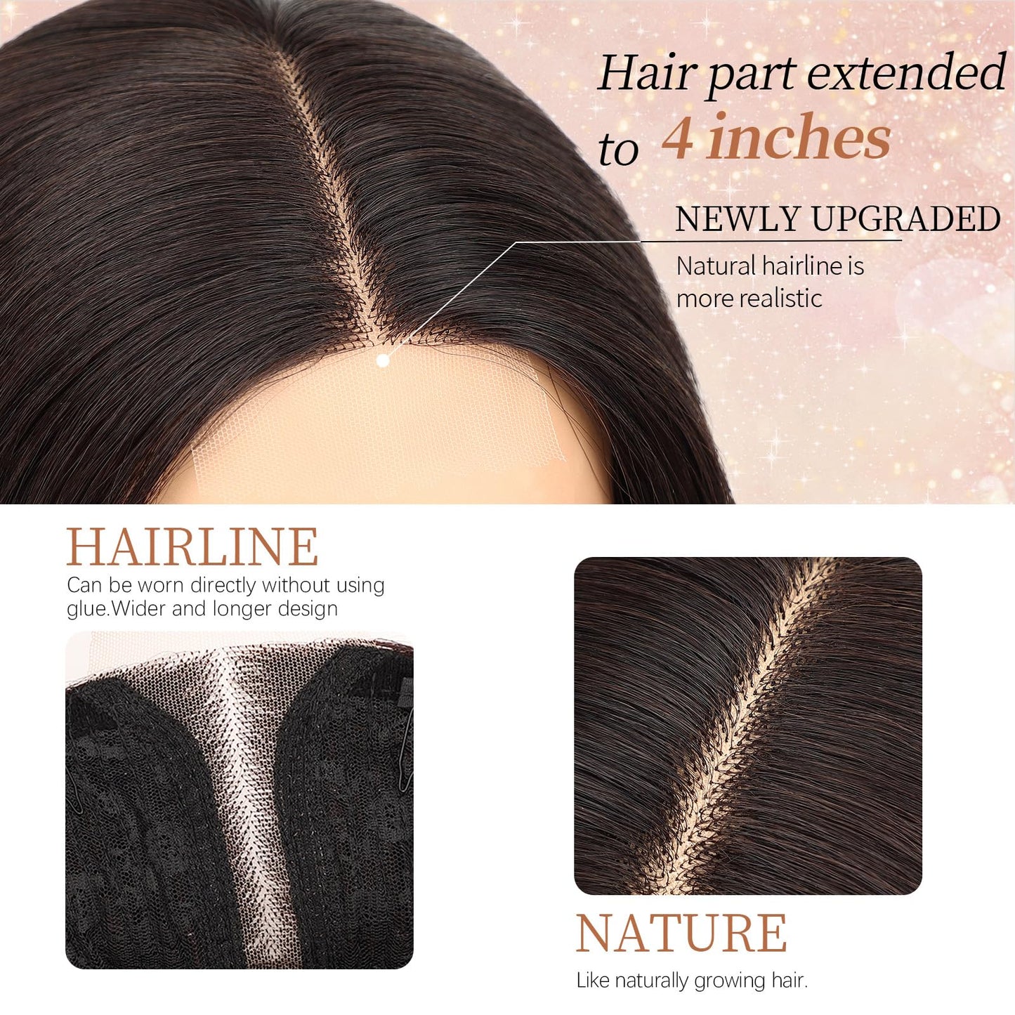 Nnzes Long Brown Highlight Wavy Wig 4x1 Lace Natural Hairline Middle Part Curly Heat-Resistant Synthetic Fiber for Women & Beginners Daily Party Use 26In