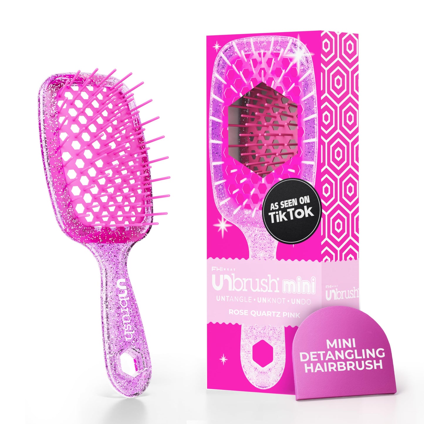 FHI Heat UNbrush Mini Detangler Brush for Pain-Free Brushing on All Wet or Dry Hair Types — Durable Duoflex Anti-Static Bristles, Lightweight Handle, Vented Mini Hair Brush, Rose Quartz Pink