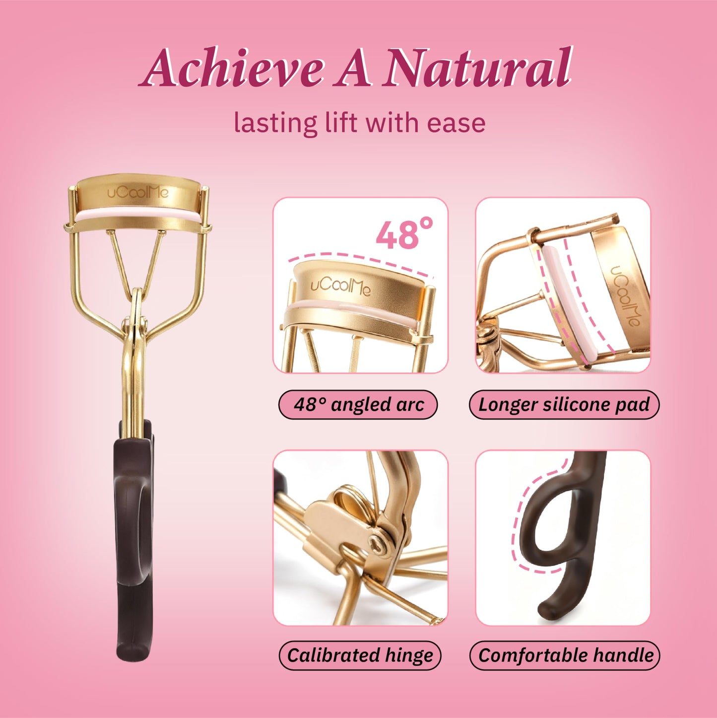 uCoolMe Eyelash Curler with 2 Refill Pads, No-Pinch Design & Comfort Grip for Natural Lash Lift, Cruelty-Free Lash Curler for All Eye Shapes, Easy to Use for Home and Travel (Gold)