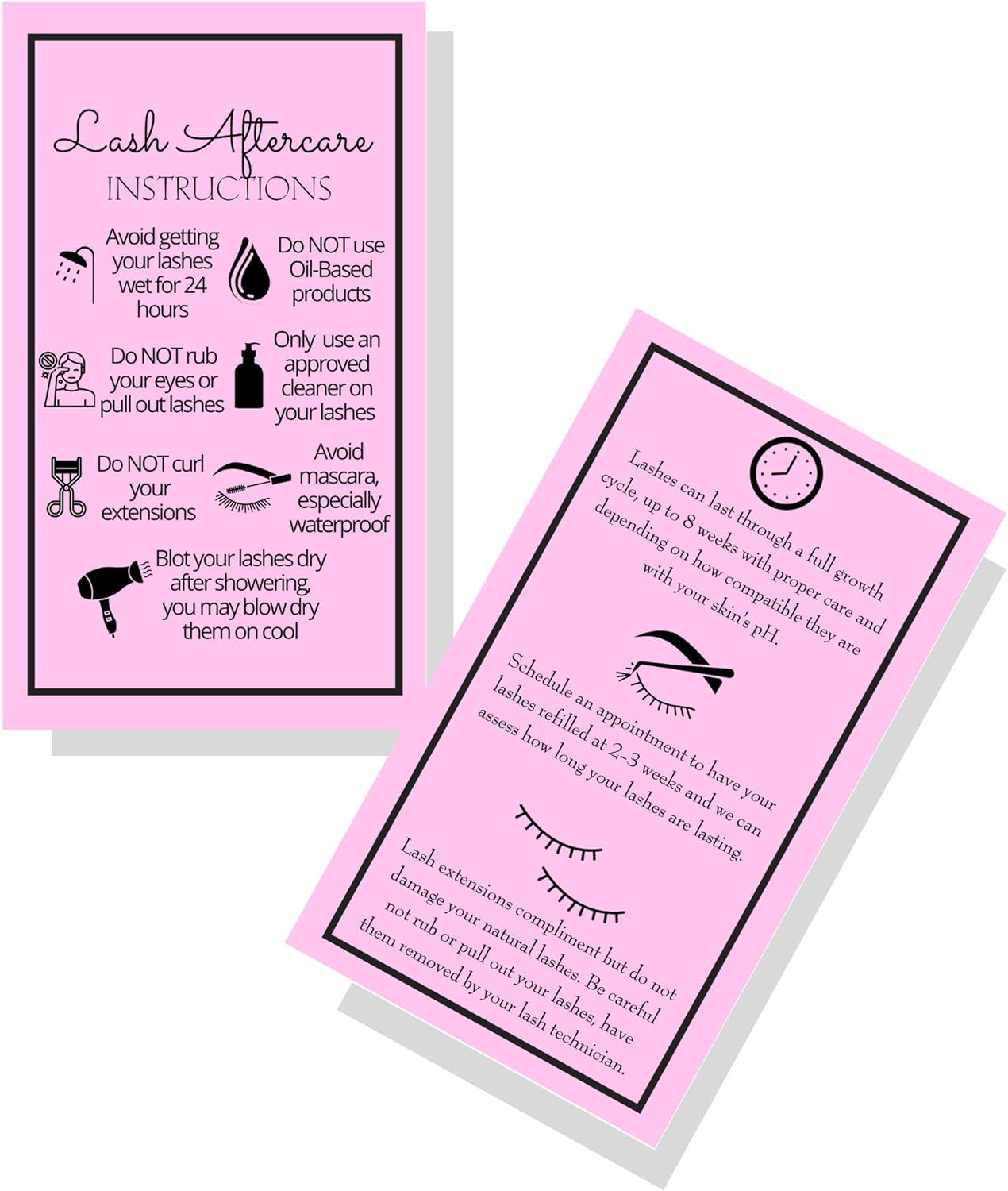 Lash Extension Aftercare Instructions Cards - Double-Sided 2x3.5" | 250 Pack in Bubblegum Pink with Visuals