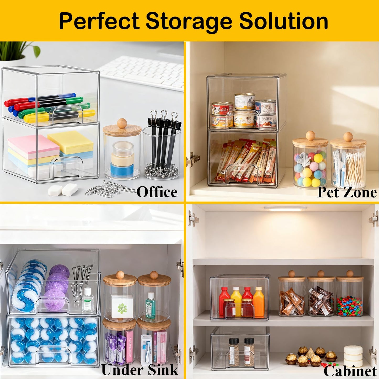 Qeosvve 6 Pack Clear Stackable Storage Drawers & Qtip Holder Dispenser with Bamboo Lids, Clear Plastic Storage Containers for Bathroom, Vanity, Undersink, Kitchen Cabinets, Pantry, Home Organization