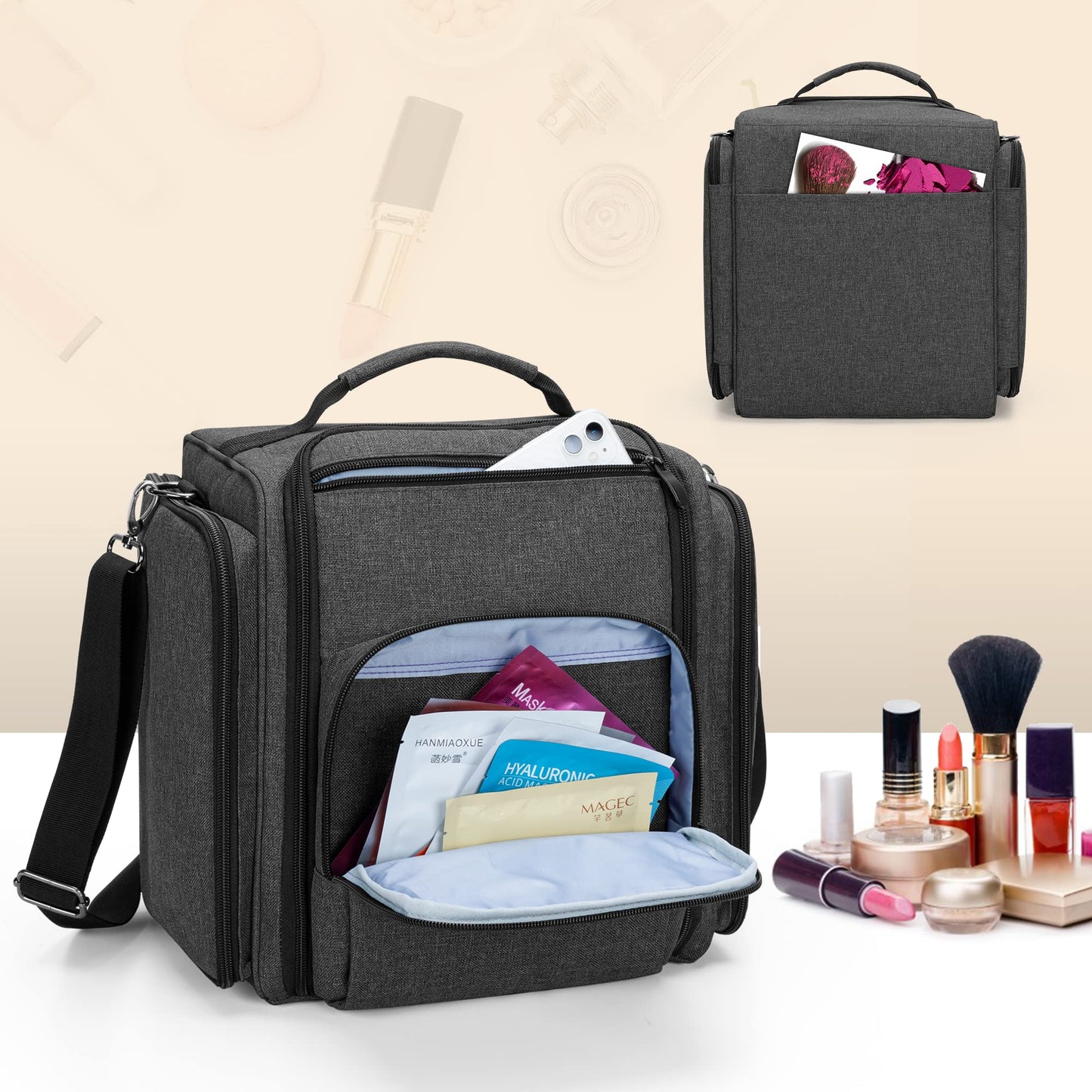 BAFASO Makeup Bag Cosmetic Bag with 4 Inner Removable Pouches, Multifunctional Travel Makeup Case (Patent Pending), Black