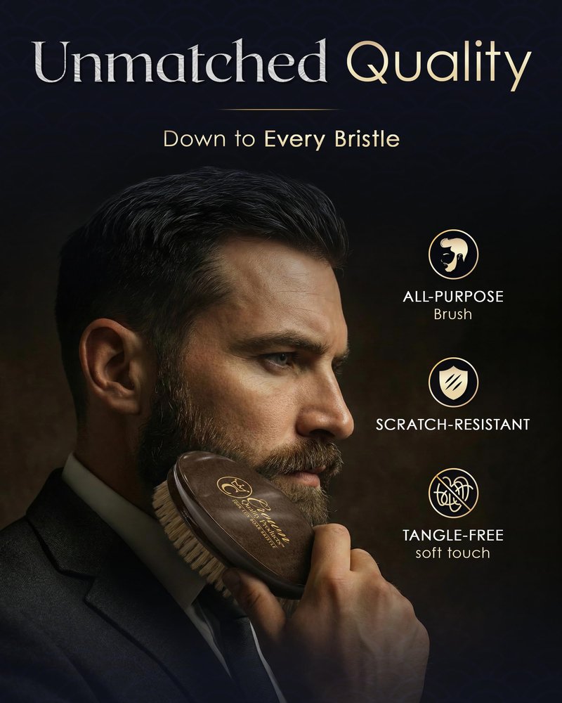 Ultimate Beard Hairbrush - Designed for Beards - Soft Natural Boar Bristle, All Purpose Detailing Brush, Solid Maple, High Gloss Rosewood Finish, Gold Engraved, Compact size by Crown Quality Products