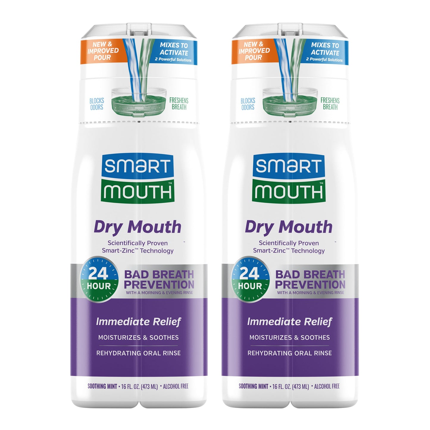 SmartMouth Dry Mouth Zinc Activated Mouthwash - Dry Mouth Rinse for Immediate Relief & Instant Fresh Breath - Optimal Oral Health - Sugar, Gluten & Alcohol-Free - Soothing Mint - 16 fl oz - 2 Pack