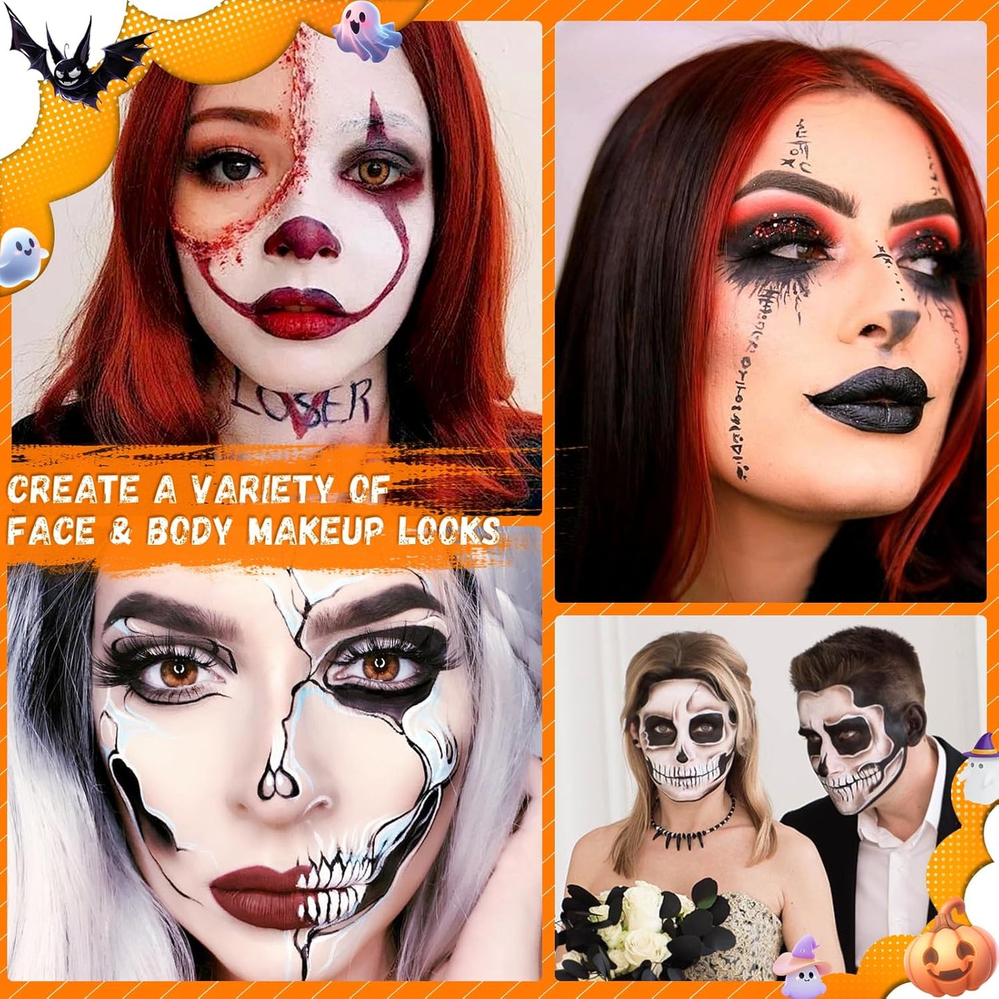 Black & White & Red Face Body Paint Set - Non-Toxic Professional Palette Kit with 3 Brushes for Art, Theater, Halloween, Cosplay | 5.28oz