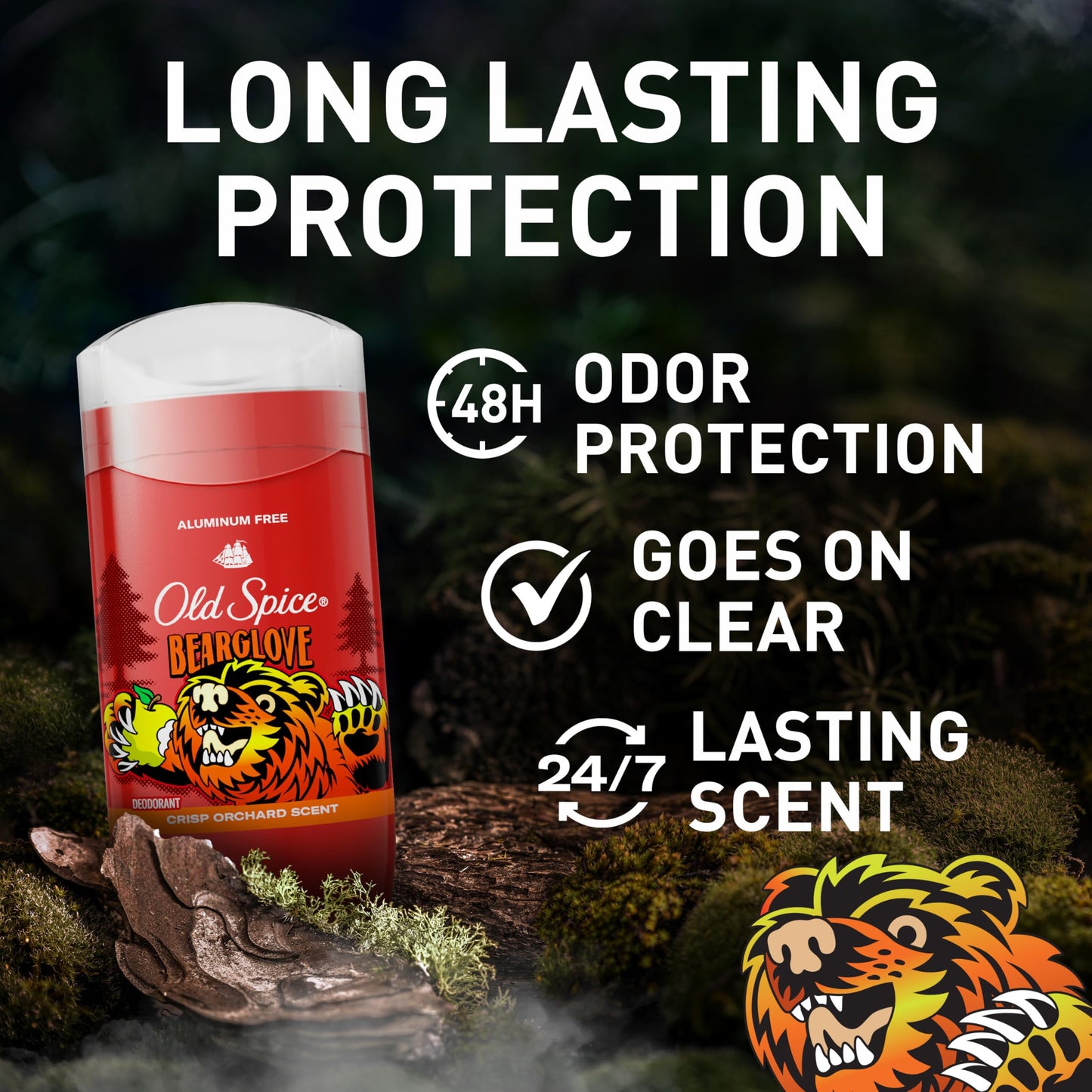 Old Spice Aluminum Free Deodorant for Men, 24/7 Odor Protection, 24/7 Freshness & Lasting Scent, Goes on Clear, Bearglove with Crisp Orchard Scent, 3.0 oz (Pack of 3)
