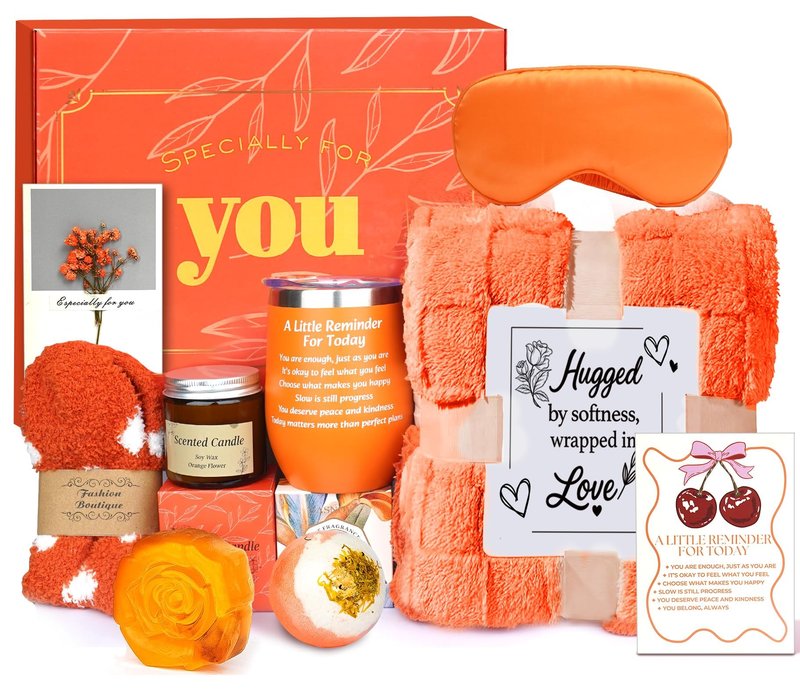 Mothers Day Gifts - Orange Self Care Gift Get Well Relaxing Spa Gift Basket Set, Birthday Spa Gift Baskets for Mom, Sister, Friends Teacher Girlfriend, Mothers Day Gift Baskets for Women