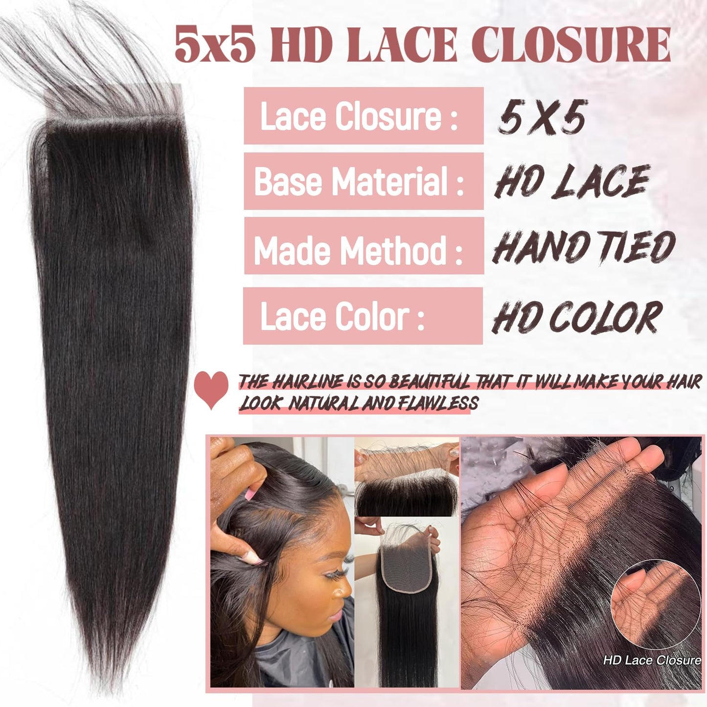 Real HD Lace Frontal Closure Straight Brazilian Virgin Human Hair,13X4 Ear To Ear HD Transparent Invisible Swiss Lace Frontal Pre Plucked with Baby Hair HD Transparent Lace Closure Human Hair