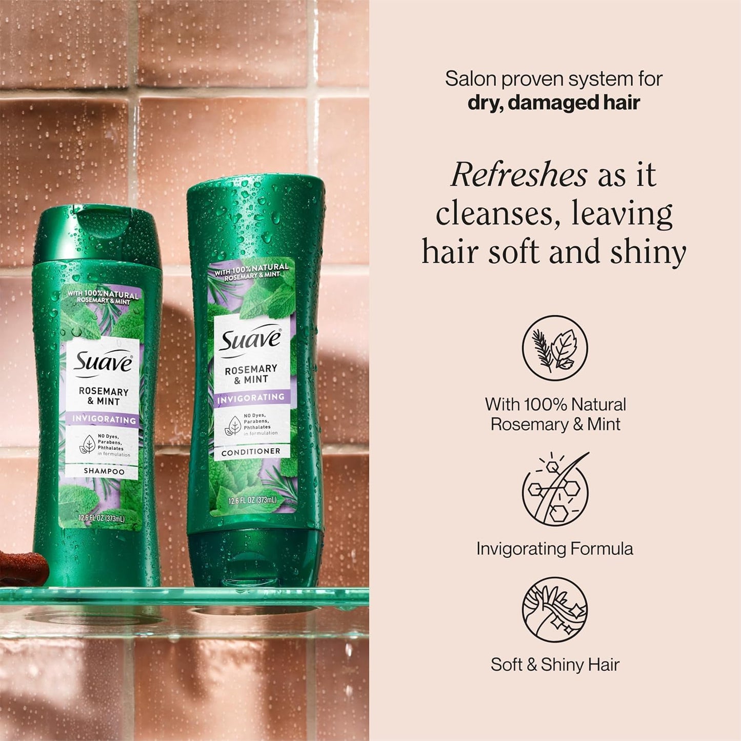 Suave Invigorating Rosemary & Mint Shampoo - Refreshing Care for Healthy Hair | 6 Pack of 12.6 FL OZ Bottles