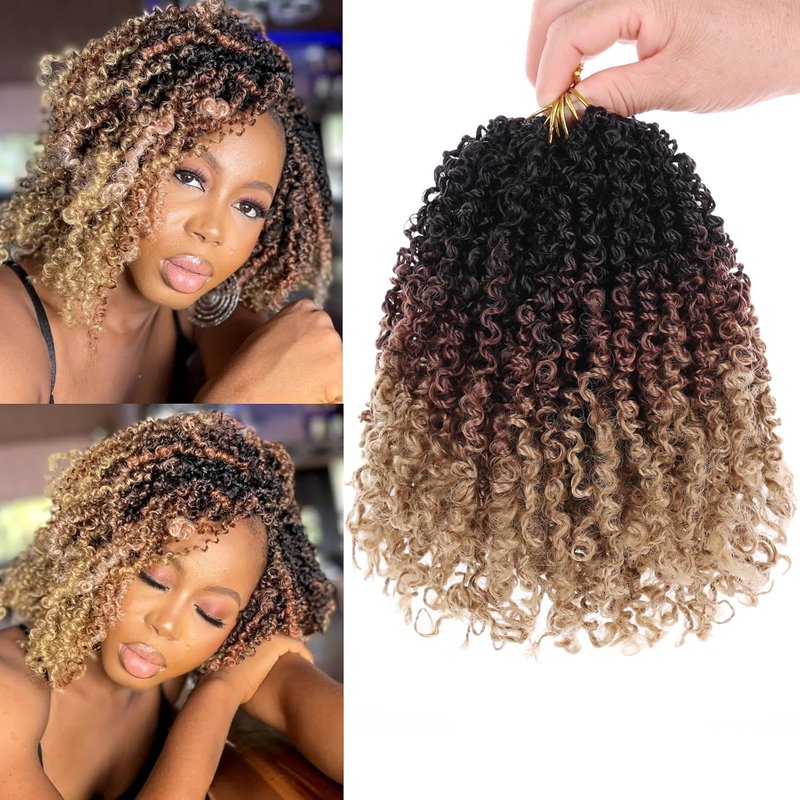 Pre-Twisted Yanky Twist Crochet Hair - Ombre Brown to Blonde, 10 Inch, 8PCS Bouncy Wavy Synthetic Extensions