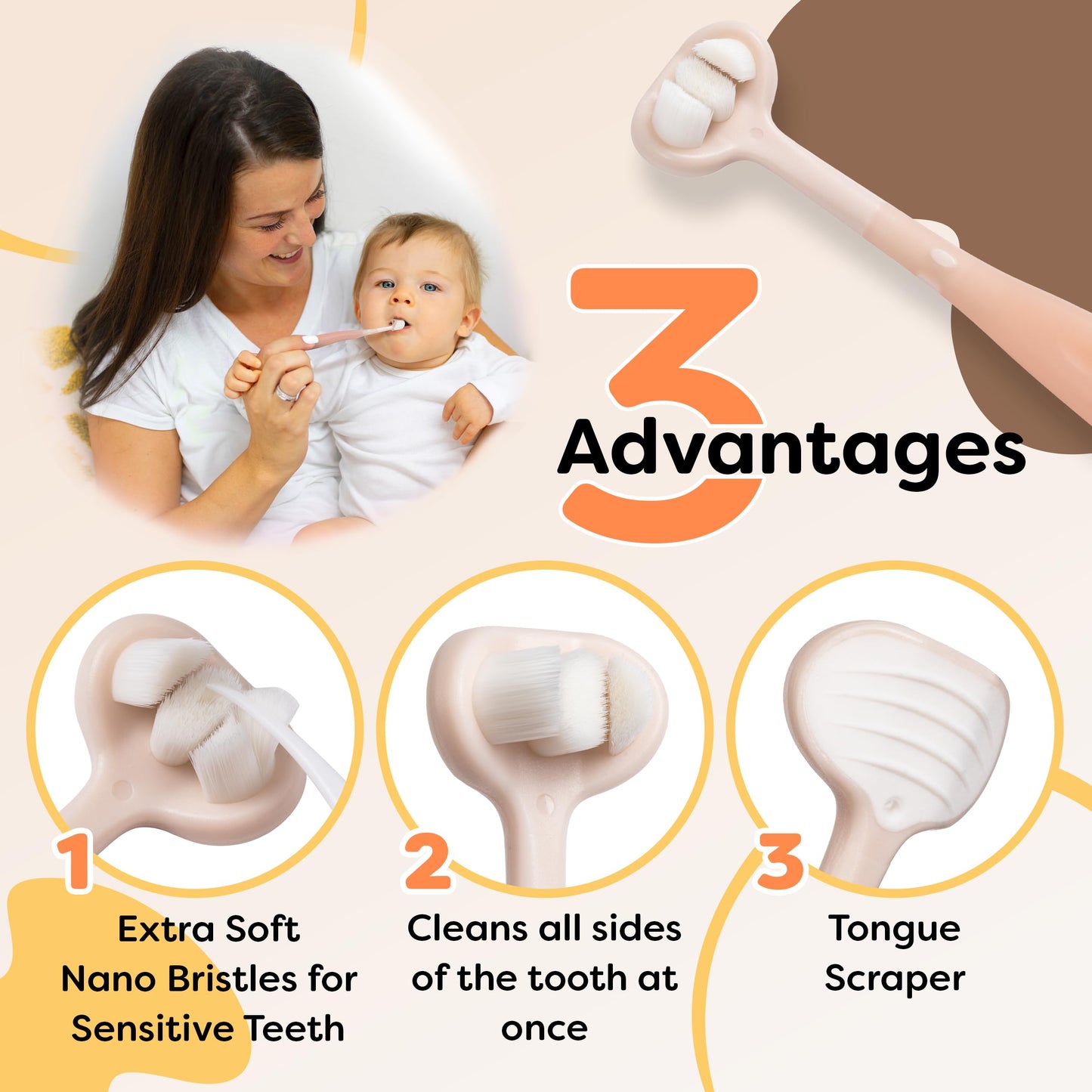 Trueocity Baby Toothbrush 12 Months and Up, Toddler Toothbrush, Extra Soft Toddler Toothbrushes 1-2 2-4, Toothhugger High Efficient 3 Sides,Infant Training Brush, 10,000 Ultra-Soft bristles (Apricot)