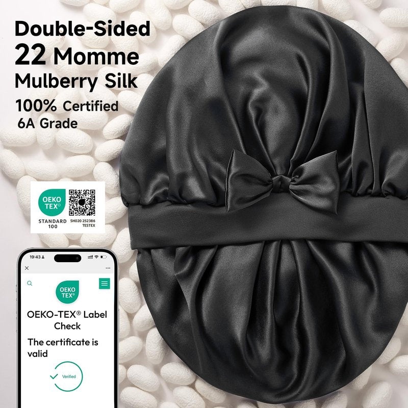 Double-Sided 22 Momme 100% Real Mulberry Silk Bonnet for Sleeping Women, Large Hair Care Bonnet for Long Curly Hair, Double Layer Silk Wrap with Soft Elastic Band, Non-Slip Sleep Cap, Jet Black