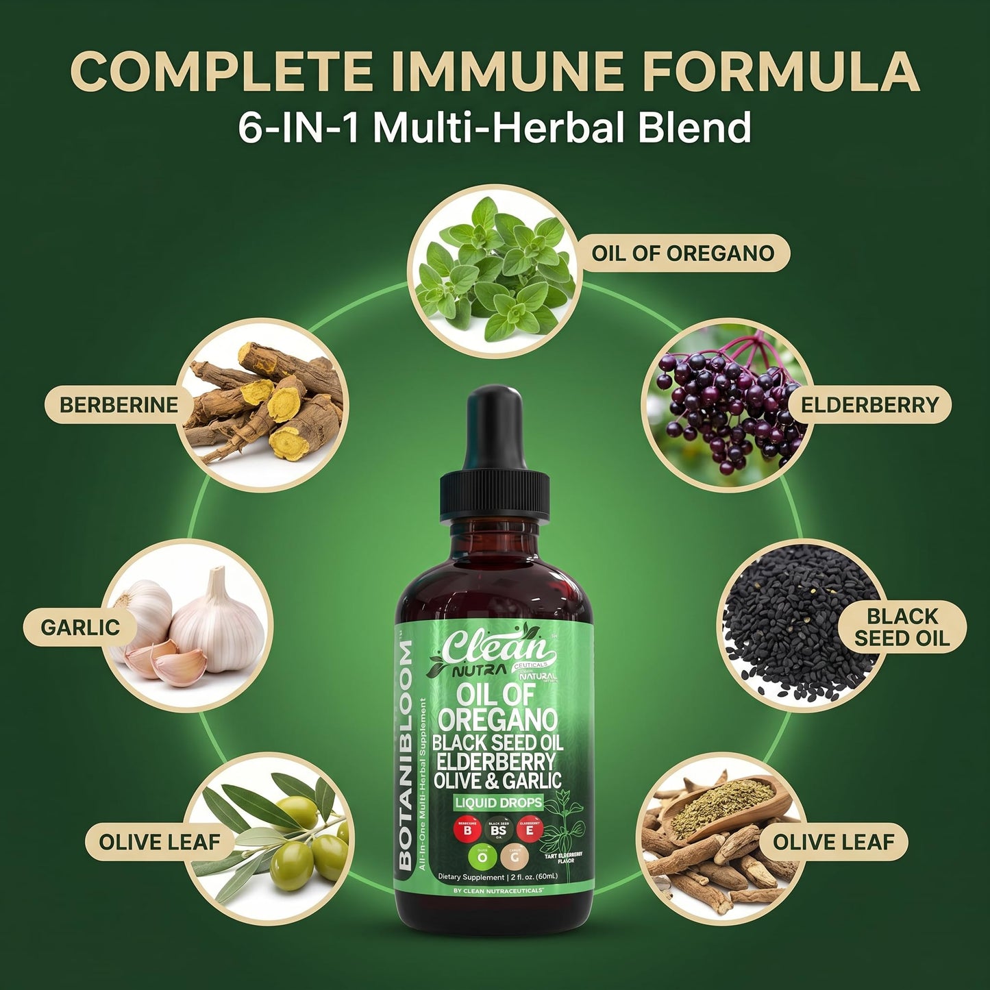 Clean Nutra Oil of Oregano Drops Black Seed Oil Elderberry Vitamin D D3 K2 Olive Garlic Immune Support Supplement Zinc Supplements Liquid 2 Fl Oz Vegan