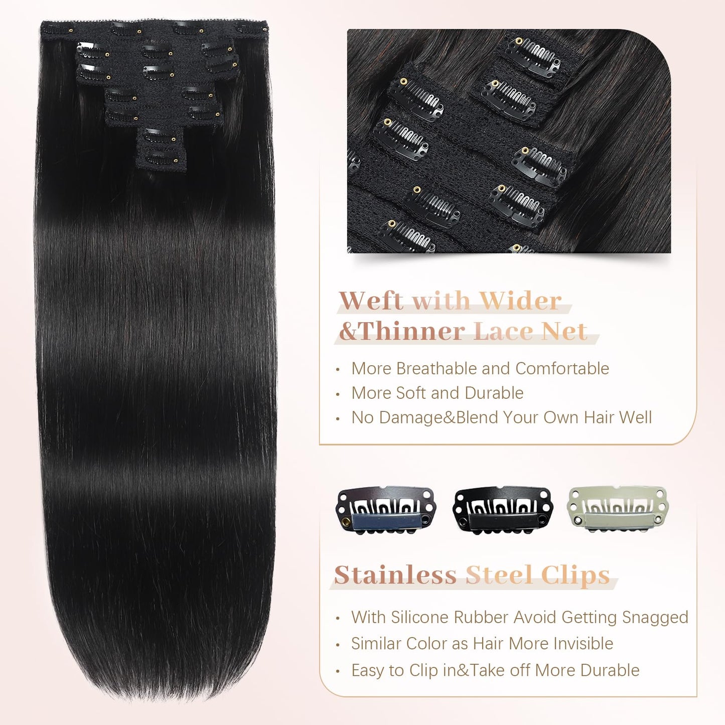 Sisily Clip in Hair Extensions Real Human Hair, Premium Human Hair Clip in Extensions Natural Black, Soft Straight Hair Extensions Real Human Hair Clip ins 7PCS Double Weft（16 Inch #1B）
