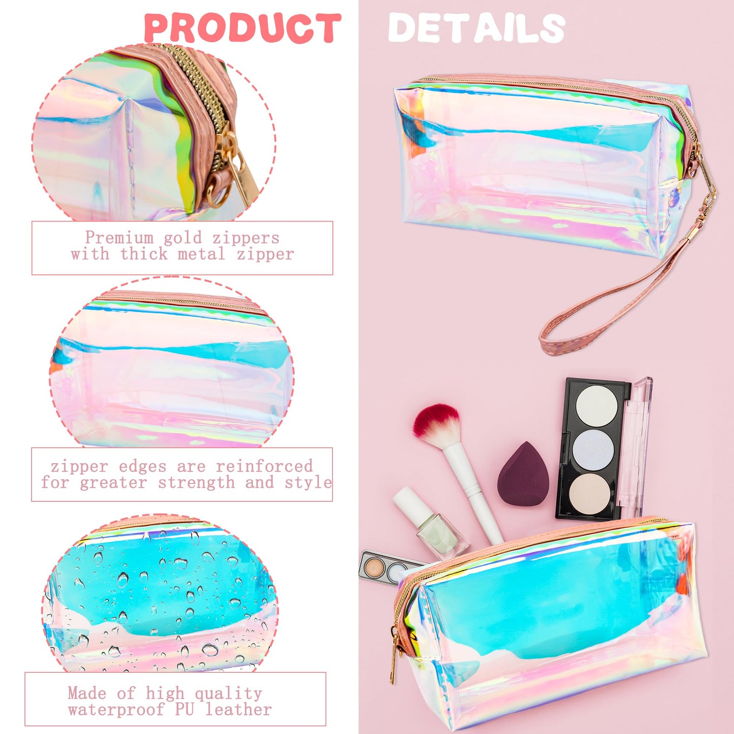 Conagel 10 Pcs Holographic Clear Makeup Bags Iridescent Cosmetic Bags Travel Cosmetic Bags with Zipper Wrist Loop Waterproof Toiletries Organizer for Home Office Wedding Bachelorette Use