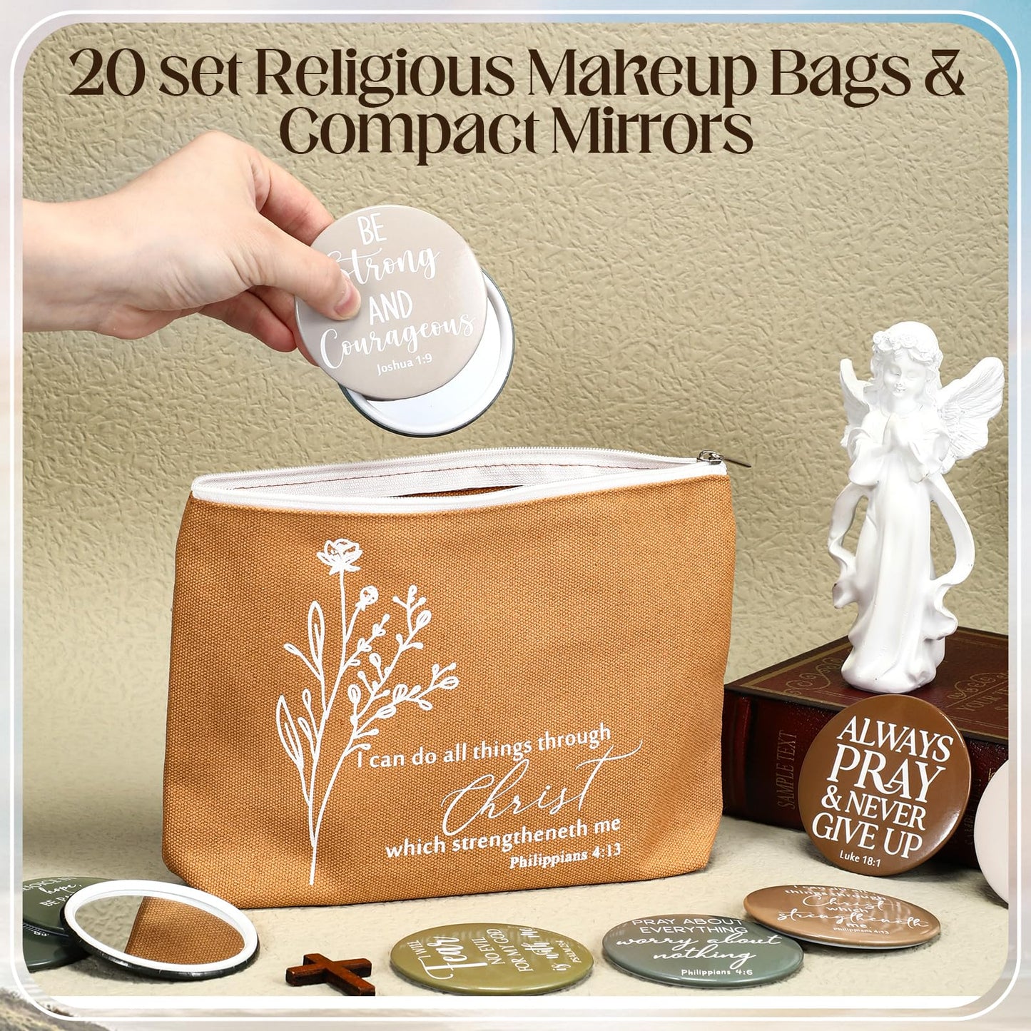 Reginary 20 Set Christian Inspirational Gifts for Women Bulk 20 Religious Canvas Makeup Bag 20 Bible Verse Compact Mirror Motivational Church Scripture Gifts for Ladies(Neutral Colors,Aesthetic Style)