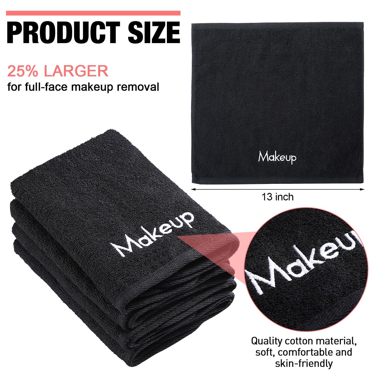 Chumia 18 Pcs Makeup Remover Cloths 13 x 13 Inch Makeup Towel Face Washcloths with Embroidery Black Reusable Washcloths Soft Cleansing Face Towel for Women