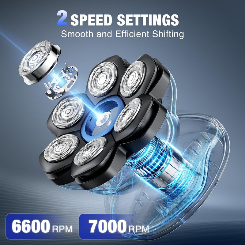 7D Head Shaver for Bald Men - Dual Speed Waterproof Electric Razor | Cordless, LED Display, Gray