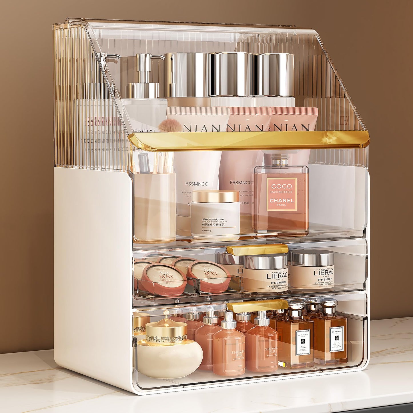 Makeup Organizer Countertop with Lid, Skincare Organizers for Vanity, 3 Tiers Clear Makeup Storage Cosmetic Display Cases Holder for Bedroom Bathroom Dresser Desk Countertop