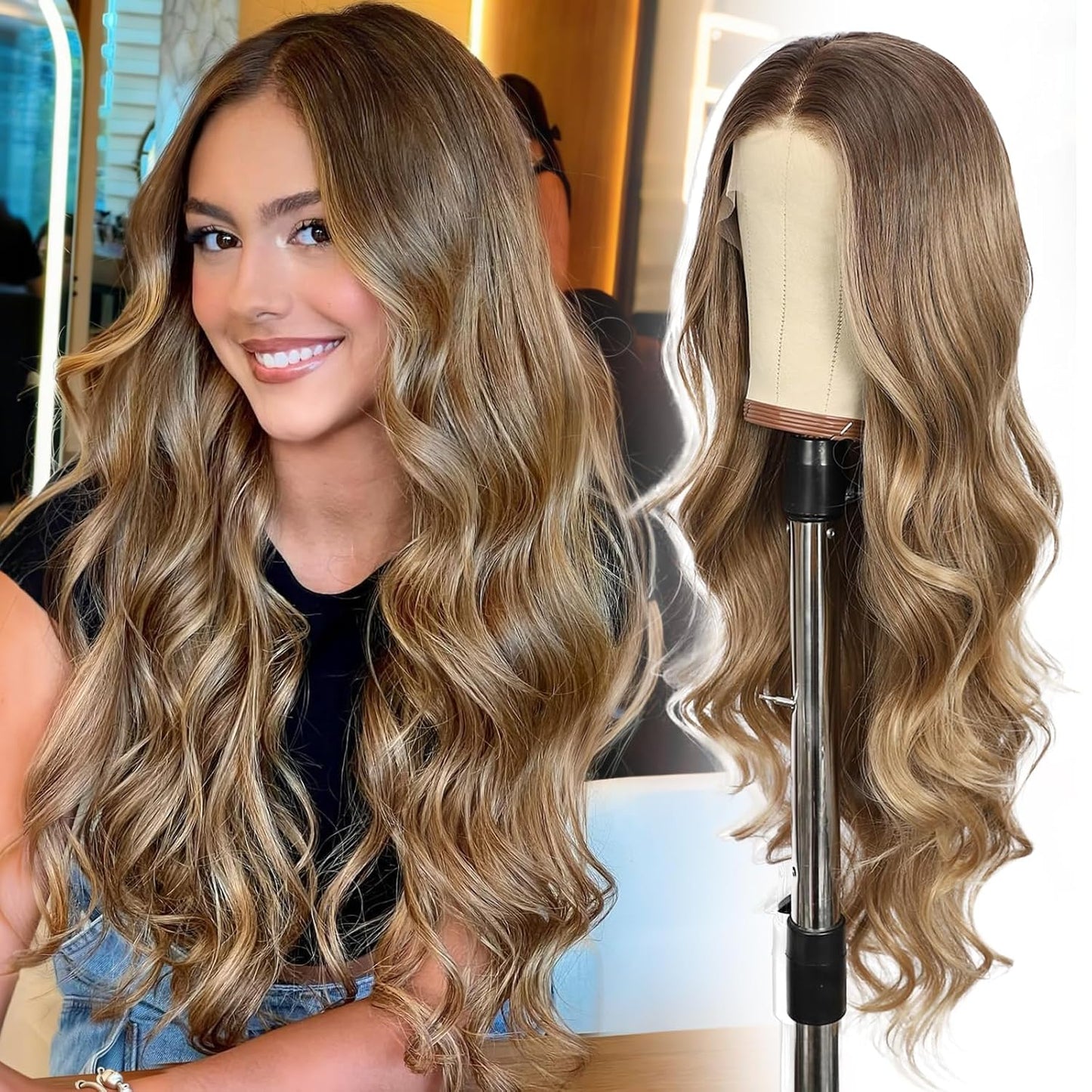 Blonde Lace Front Wig - 13x4 Long Wavy Synthetic Hair with Ash Blonde Tips | 26 Inch Pre-Plucked Natural Hairline for Daily & Party Use