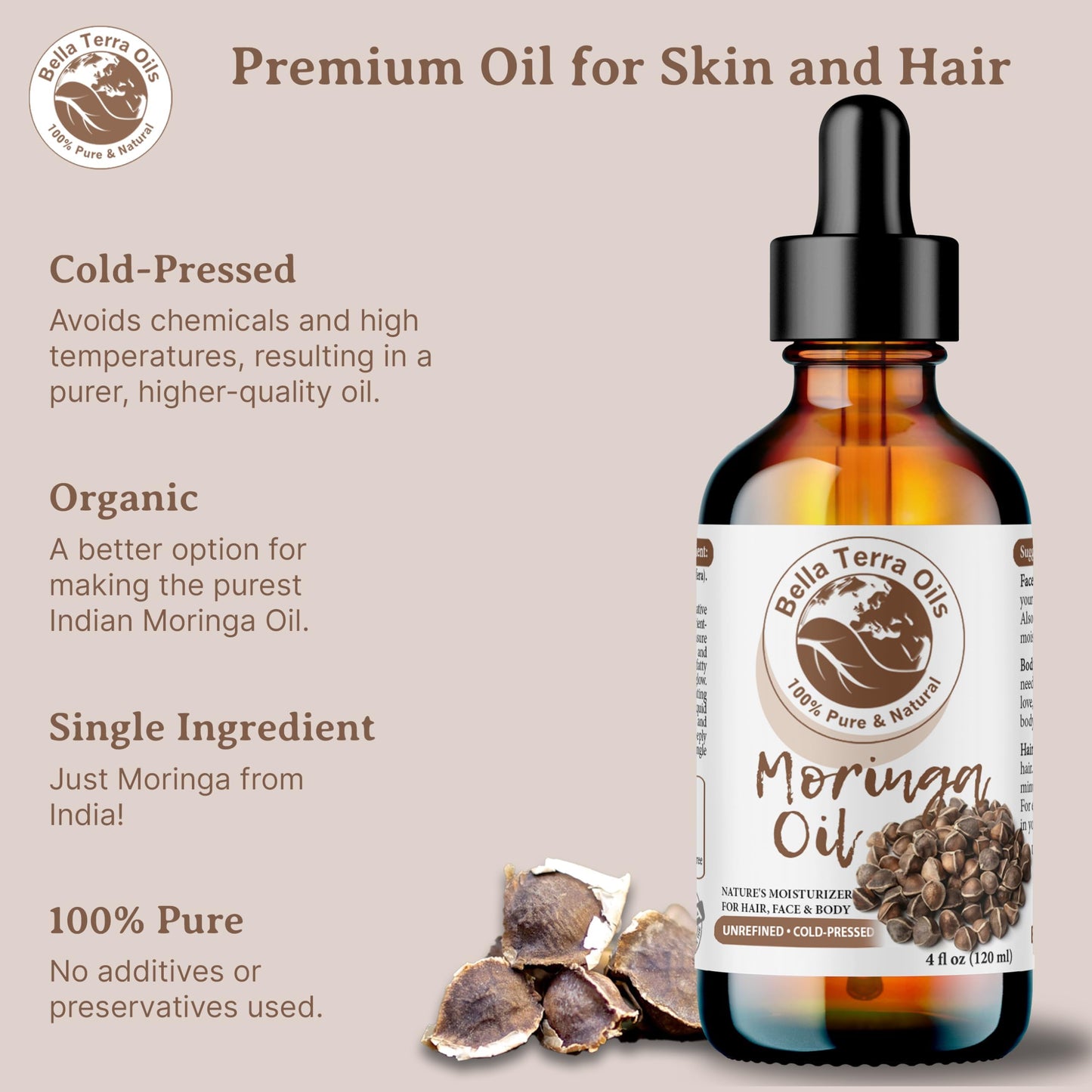 Bella Terra Oils - Natural Moringa Seed Oil 8 oz - A Symphony of Nutrients & Fatty Acids, Elevating Beauty Rituals with Natural Nourishment