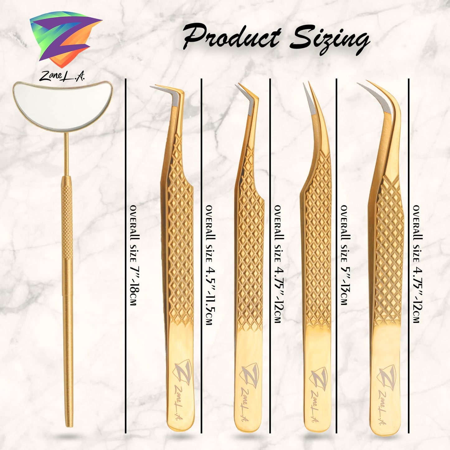 Zane L.A. Nano Fiber Tip Professional Eyelash Extension Tweezers, a pack of 4, Quality tweezers made with Japanese Stainless Steel, includes Stylish Half Moon Mirror. (Gold)