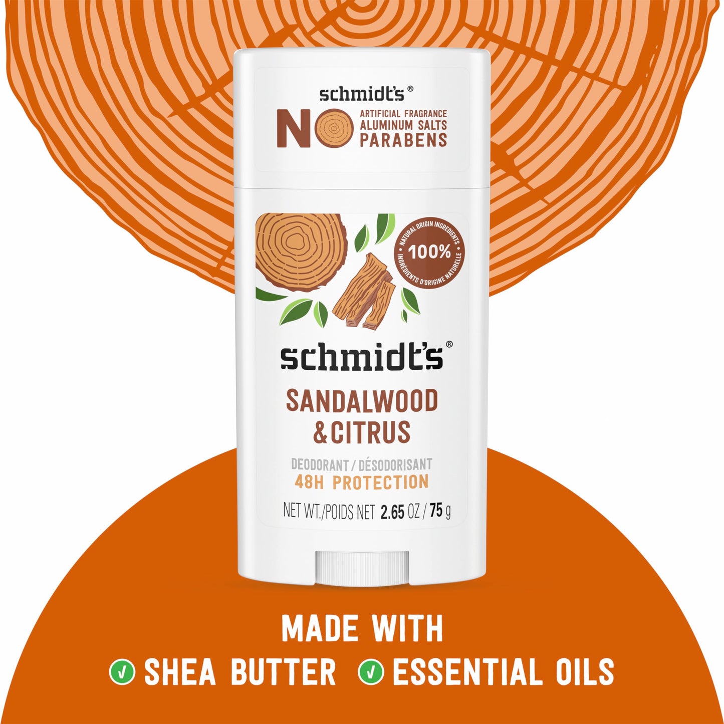 Schmidt's Aluminum-Free Vegan Deodorant Sandalwood & Citrus for Women and Men, with 24 Hour Odor Protection, Natural Ingredients, Cruelty-Free, 2.65 oz