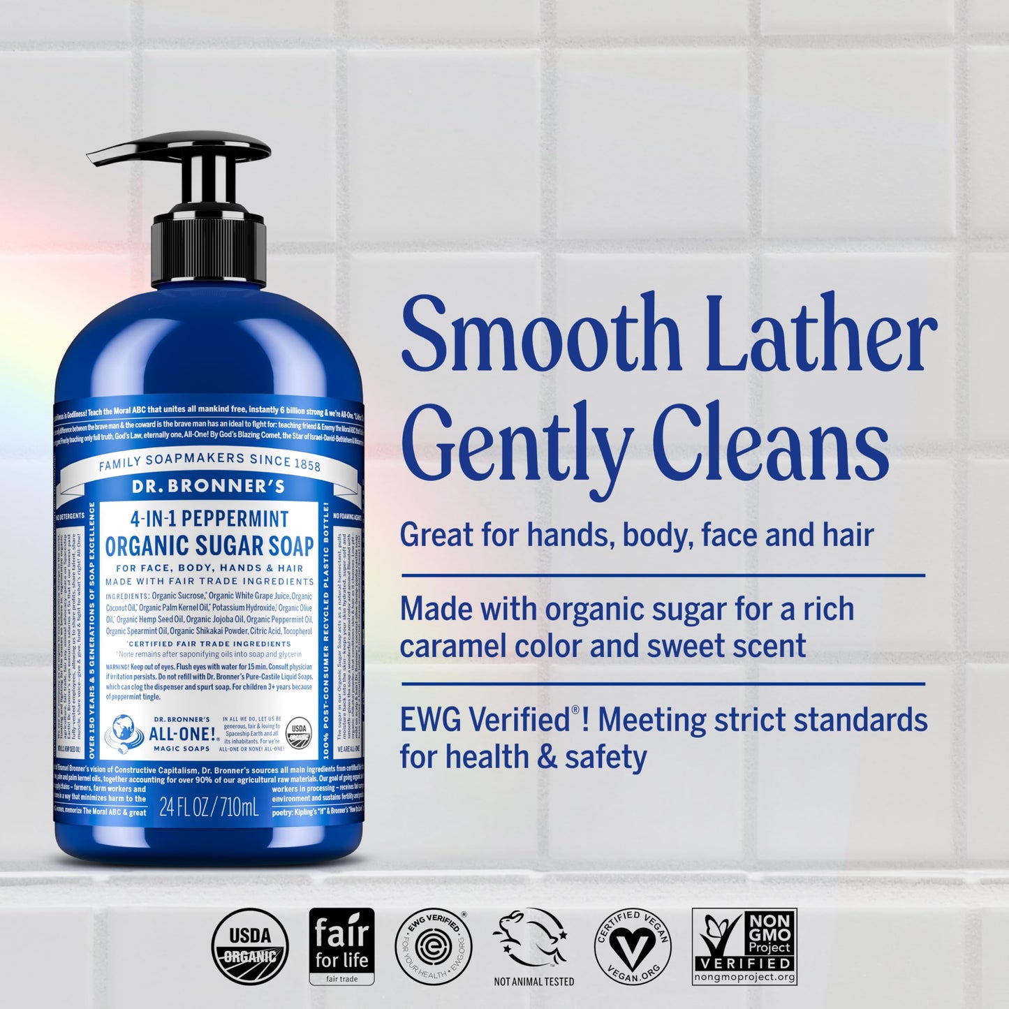 Dr. Bronner's - Organic Sugar Soap (Peppermint, 24 Ounce) - Made with Organic Oils, Sugar & Shikakai Powder, 4-in-1 Uses: Hands, Body, Face & Hair, Cleanses, Moisturizes & Nourishes, Vegan