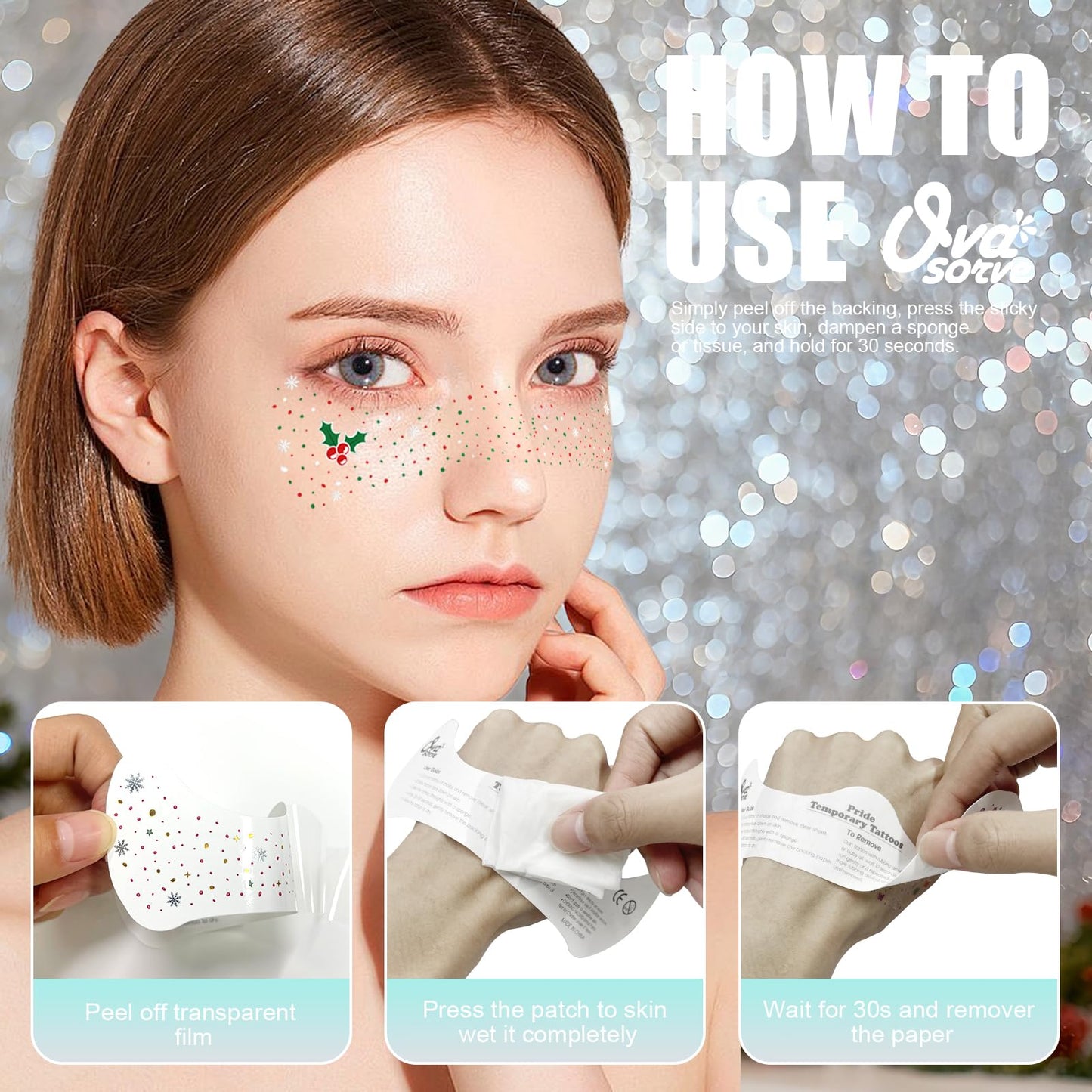 Ovasorve Christmas Face Freckles Tattoos - Enchanted Holly, Snowflakes & Berries in Classic Red, Green & White Tattoos for Christmas Costume Women, Xmas, Holiday Makeup, Festival, Stocking Stuffer