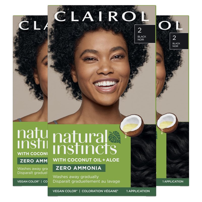 Clairol Natural Instincts Demi-Permanent Hair Dye, 2 Black | Ammonia‑Free, Vegan Hair Color with Coconut Oil & Aloe Vera | Pack of 3