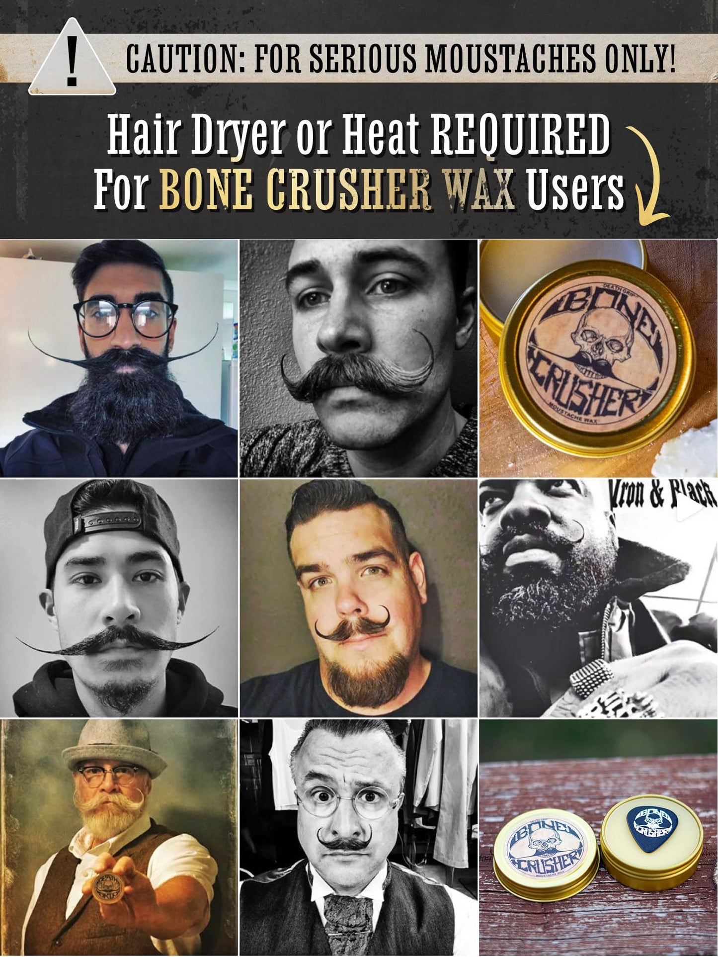 Mustache Wax Extra Strong Hold | 1oz Bone Crusher Moustache & Beard Wax Tin | Grooming For Men | Perfect For Dali Curly English Handlebar Mustaches By Death Grip | Heat Source Required