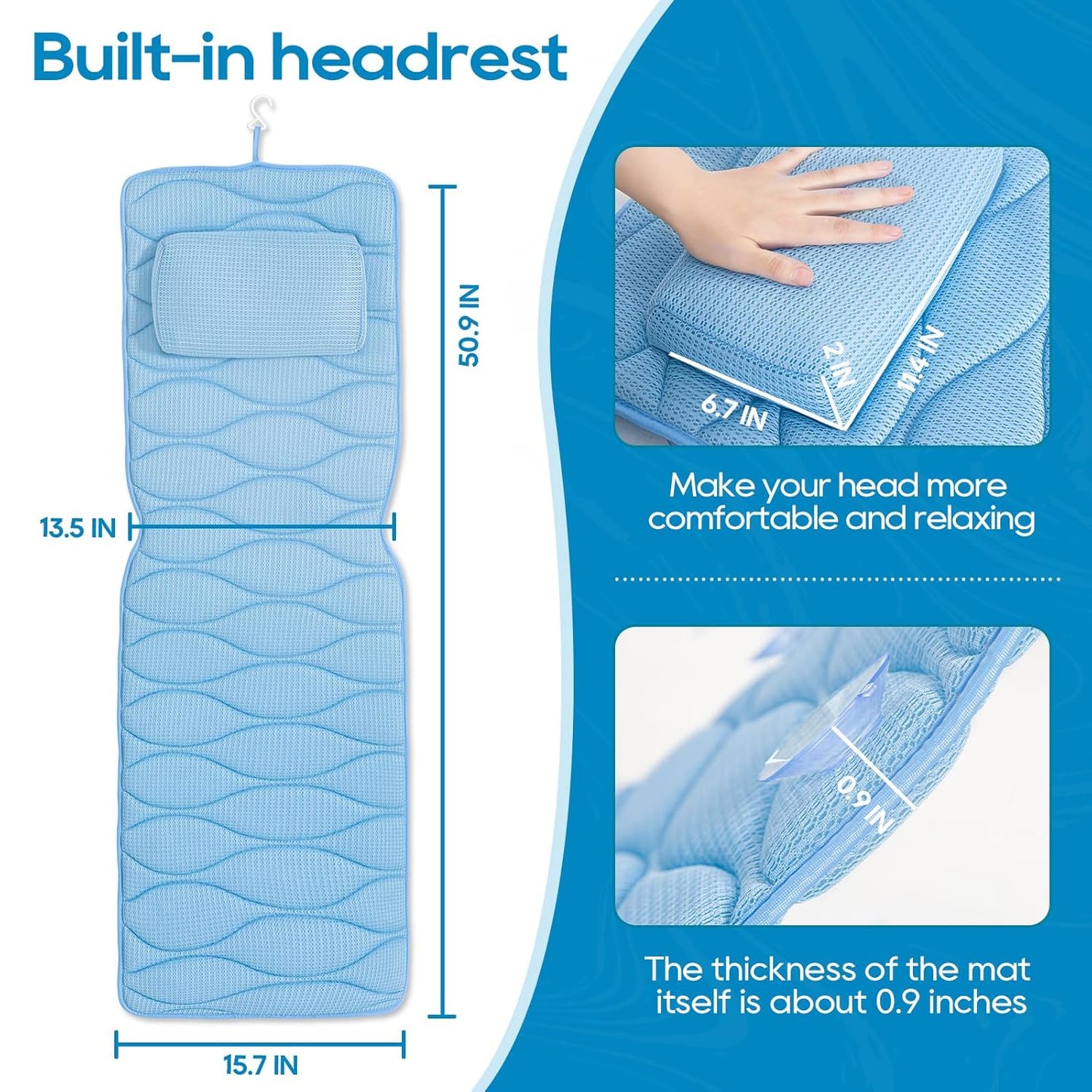 Full Body Bath Pillow - 5D Air Mesh Spa Pillow with 21 Non-Slip Suction Cups | Quick Drying, Blue