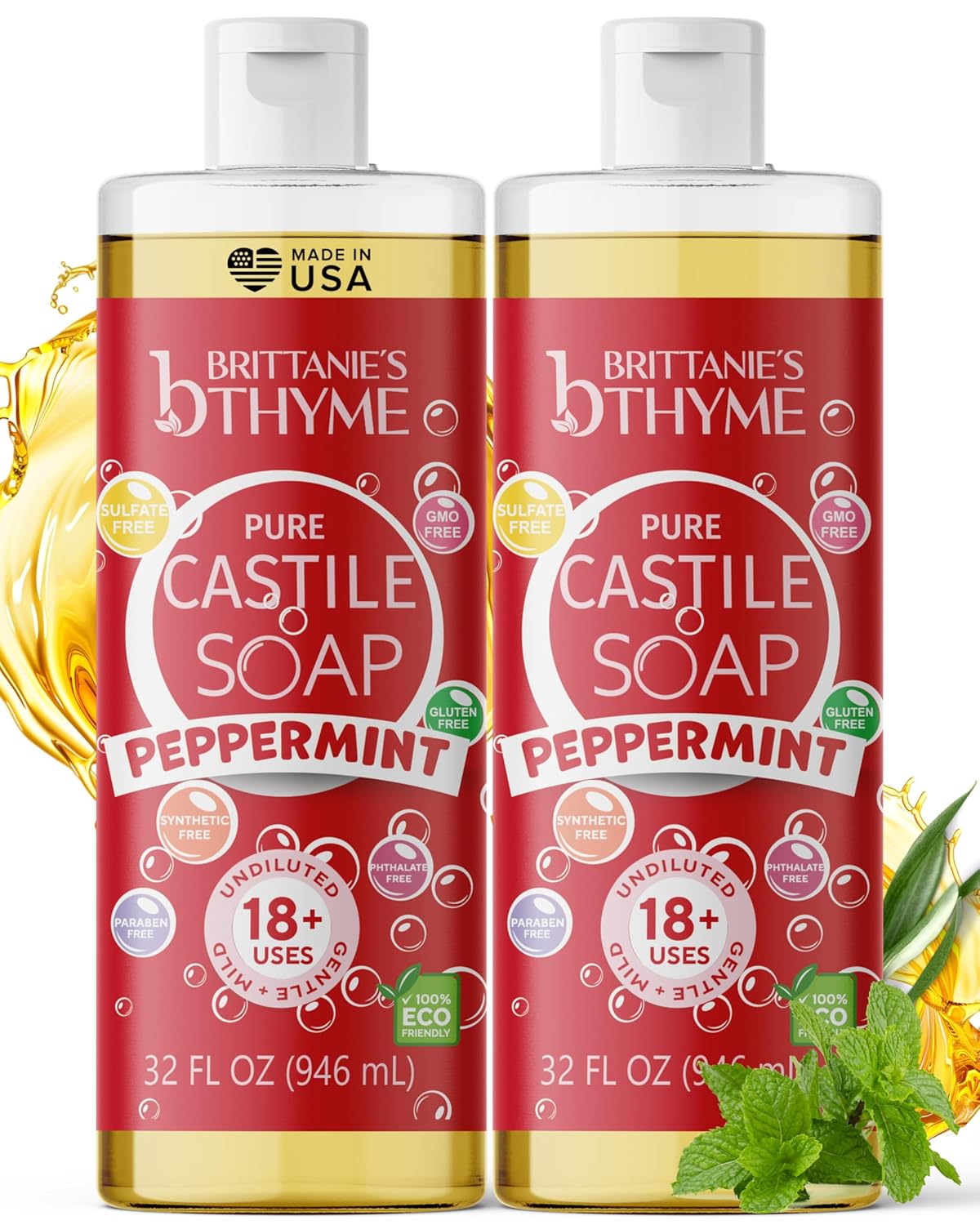 Pure Castile Liquid Soap Refill - Peppermint Scent, 32 oz Pack of 2 | Gentle, Vegan Formula for Hair & Body