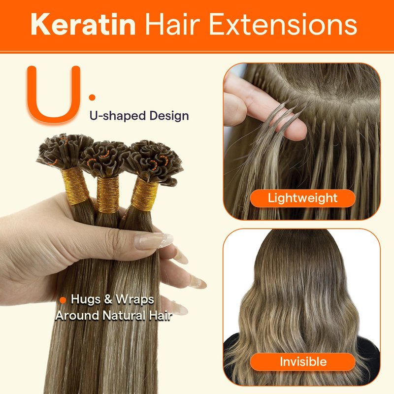 Full Shine U Tip Hair Extensions Real Human Hair 18 Inch Ktip Human Hair Extensions Balayage Color 3 Fading to 8 Ash Brown and 22 Blonde Fusion Extensions 50 Grams Pre Bonded Remy Hair for Wedding