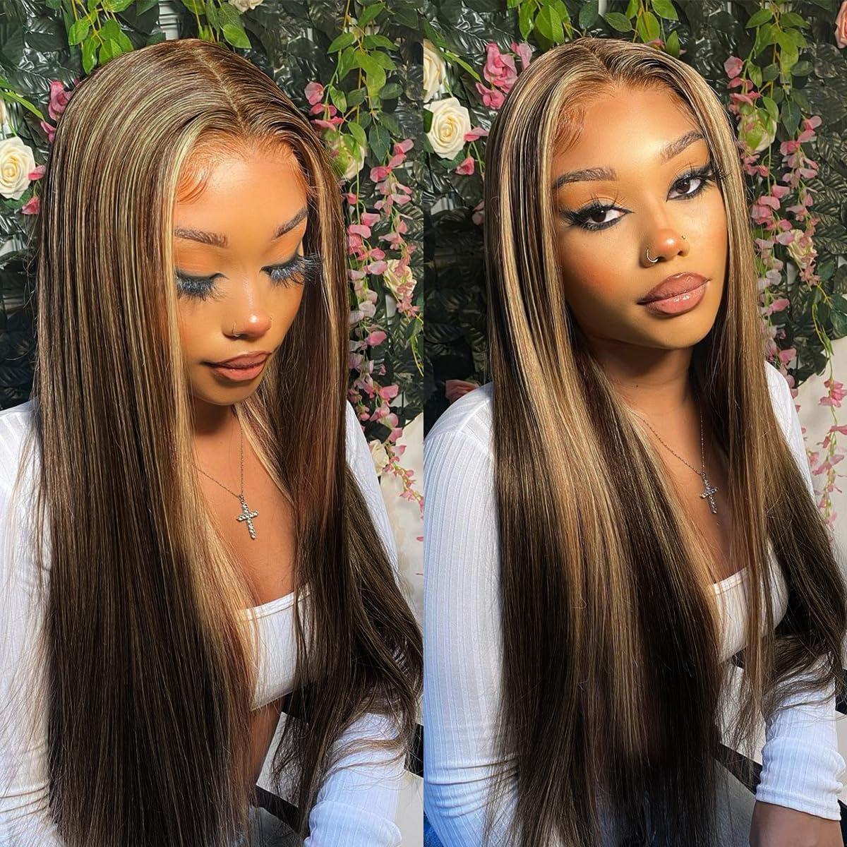 MITIMES 4/27 Highlight Ombre Lace Front Wig Pre Plucked 180 Density Honey Blonde Long Straight Lace Front Wigs Synthetic Glueless Straight Highlight Lace Front Wig 32inch