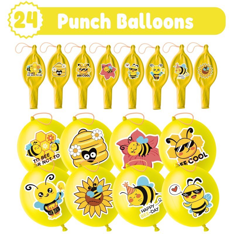 72 PCS Bee Party Favors – 48 Pre-Cut Temporary Tattoos & 24 Bee Punch Balloons Themed Birthday Party Decorations Supplies Favors Gifts Goodie Bag Fillers Classroom Rewards for Boys Girls