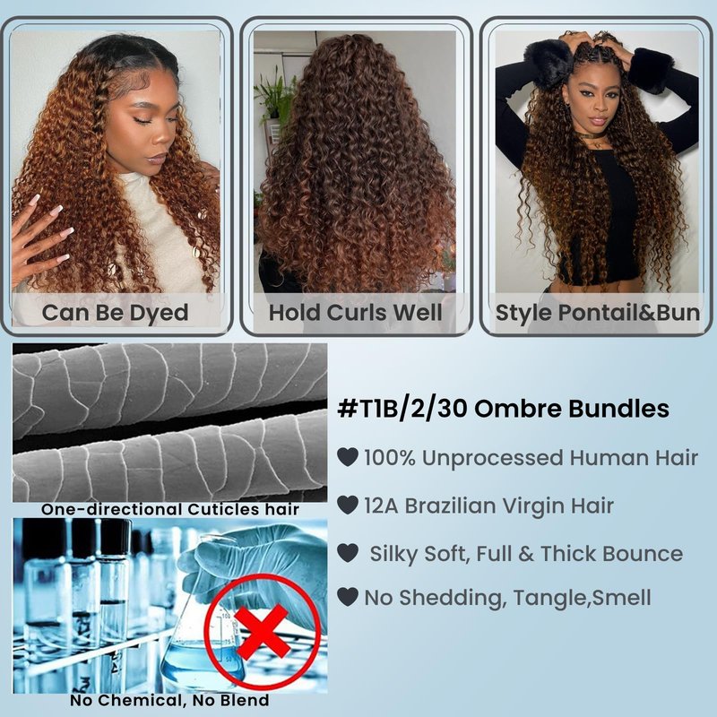 ALHER 12A Ombre Human Hair Bundles Water Wave, Soft Thick Chestnut Brown Ombre Single Curly Bundle Wet and Wavy 100% Virgin Remy Human Hair for Black Women #T1B/2/30 Dark Roots Auburn Sew In 14 Inch