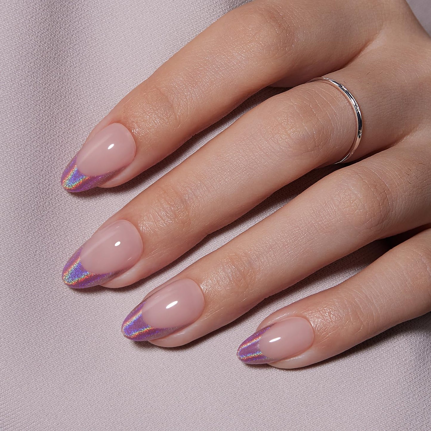 VSALON Short Almond Press on Nails Holographic French Rose Pink Cat Eye