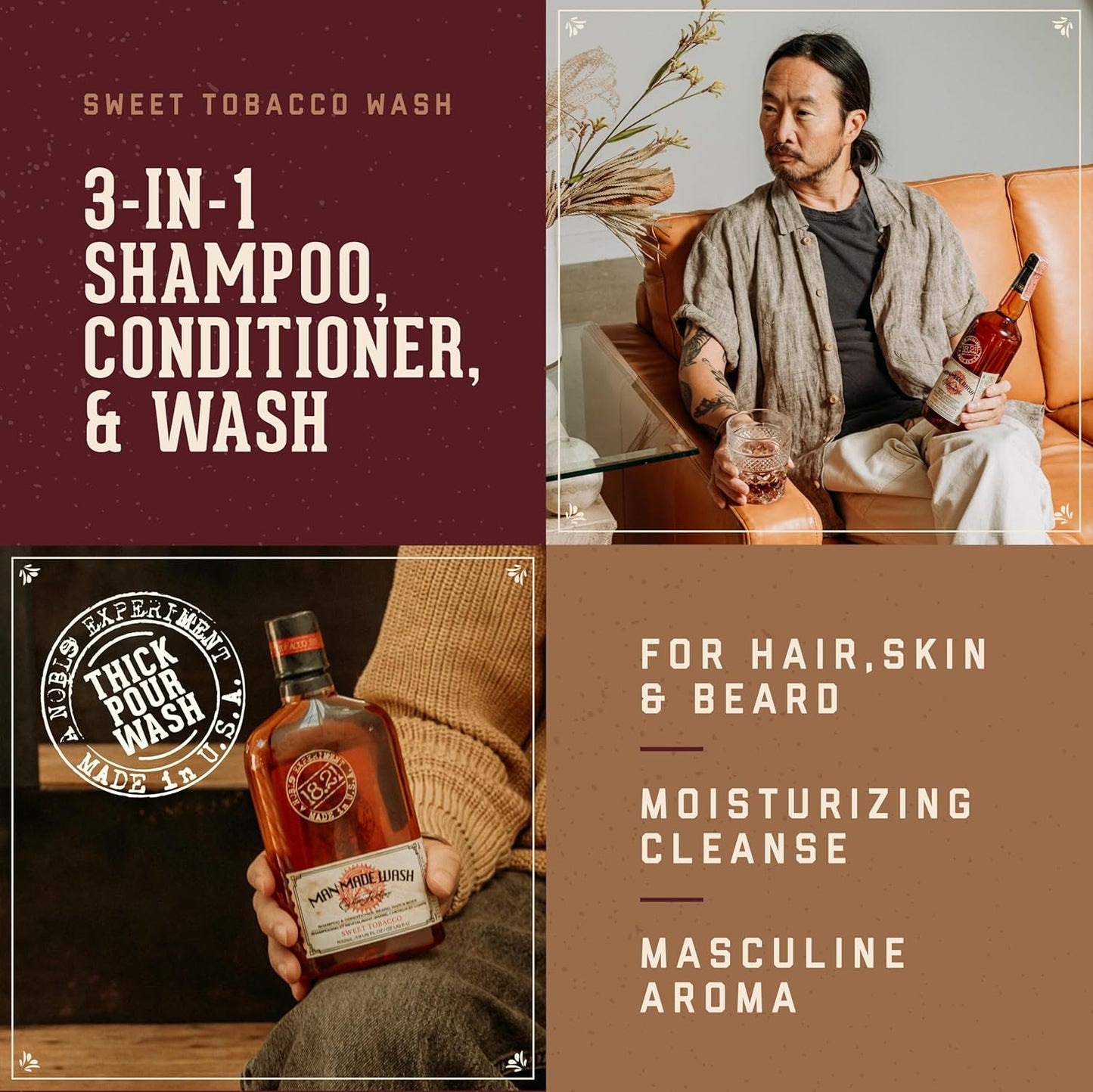 18.21 Man Made Sweet Tobacco 3-in-1 Body Wash | Shampoo & Conditioner for Men, 18 Fl Oz (Pack of 2)